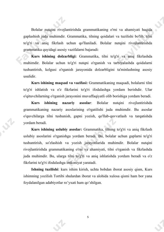 . maktabgacha ta'limning asosiy vazifasi bolalarni maktabda ta'lim olishga tayyorlashdan iboratdir. ya'ni bolalar maktabgacha ta'limda aniq bilimlarnigina emas, fikrlash ko’nikmasini egallashi, tengdoshlari va kattalarning nutqlarini tushunishlari, ular bilan erkin fikr almashish, hamkorlik asosida faoliyat korsatishi talab etiladi. bolalarning ona tilida obrazli va mantiqiy fikrlashi, tasavvurlarini nutq orqali to’g’ri ifodalashi o’zini nazorat qilishi, boshqarishi, kuzatish, eshitish, eslab qolish, umumlashtirish, solishtirish kabi aqliy tayyorgarlikka ega bo’lishi zarur. bu vazifani bajarishda, albatta, ona tilida nutq o’stirish fanining o’rni, ahamiyati kattadir. chunki til kishilarning o’zaro aloqa vositasi bo'lib, u barcha kishilar uchun baravar, teng xizmat qiladi, shu bois til ijtimoiy hodisa bo'lib, jamiyat taraqqiyotidagi o’zgarishlar, yangilanishlar tilda o’z aksini topadi. til birliklari nutqni hosil qiladi, ya'ni har bir inson o’z fikrini boshqalarga til orqali, til birliklari orqali bayon qiladi, boshqalari fikrini til orqali egallaydi, tushunadi. ya'ni nutq tevarak-atrofdagi voqea-hodisalar haqidagi fikr muloqazalarni boshqalarga yetkazishdir. shuning uchun til va nutq inson hayotida muhim ahamiyat kasb …