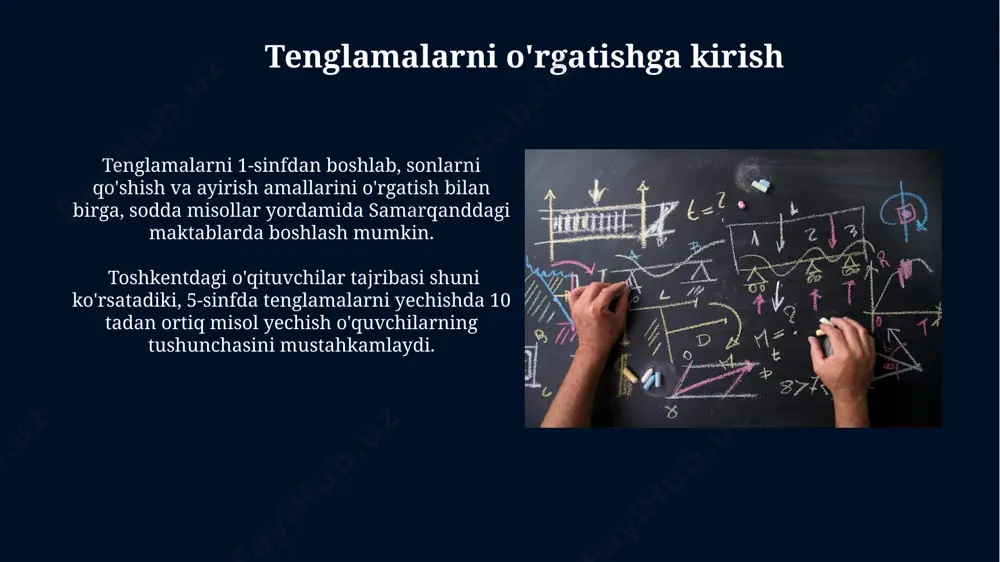 ar yordamida 2x + 5 = 11 tenglamasini yechishda, toshkentdagi 9-sinf o‘quvchilari o‘zgaruvchini topish uchun avval 5 ni tenglamaning ikkala tomonidan ayirib tashlashadi, so‘ngra 2 ga bo‘lishadi. so'z masalalari va tenglamalar farg‘ona viloyatida 8-sinf matematikasi darsida 20 ta o‘quvchi algebraik ifodalarni soddalashtirish va tenglamalarni yechish bo‘yicha test topshirdi, o‘rtacha ball 8 dan 10 balgacha bo‘ldi. samarqanddagi 5-sinf o‘quvchilari uchun tenglamalarni yechishda 2 ta noma’lumli tenglama tizimlaridan foydalanish 10 ta misol bilan tushuntiriladi. zamonaviy texnologiyalardan foydalanish onlayn simulyatorlar yordamida samarkanddagi o'quvchilar 100 ta turli xil tenglama turini 5 daqiqada mashq qilishlari va o'zlarining yechimlarini tekshirishlari mumkin, bu esa ularning matematik ko'nikmalarini rivojlantirishga yordam beradi. zamonaviy o'quv platformalari, masalan, khan academy yoki coursera, 1000 dan ortiq matematik tenglamalarni yechish bo'yicha 30 dan ortiq interaktiv darsliklarni taklif etadi, bu esa toshkentdagi o'quvchilarga qulaylik yaratadi. tenglamalar sistemalari toshkentdagi maktablarda o'quvchilarga 2 ta noma'lumli tenglamalar sistemalarini grafik usul yoki qo'shish-ayirish usuli bilan echish 7-sinfdan boshlab …