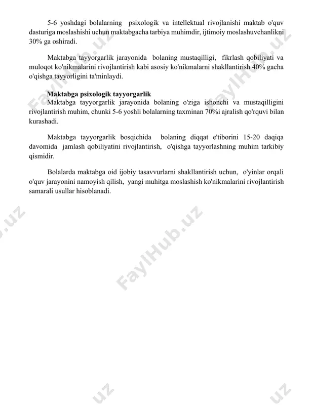 hi uchun maktabgacha tarbiya muhimdir, ijtimoiy moslashuvchanlikni 30% ga oshiradi. maktabga tayyorgarlik jarayonida bolaning mustaqilligi, fikrlash qobiliyati va muloqot ko'nikmalarini rivojlantirish kabi asosiy ko'nikmalarni shakllantirish 40% gacha o'qishga tayyorligini ta'minlaydi. maktabga psixologik tayyorgarlik maktabga tayyorgarlik jarayonida bolaning o'ziga ishonchi va mustaqilligini rivojlantirish muhim, chunki 5-6 yoshli bolalarning taxminan 70%i ajralish qo'rquvi bilan kurashadi. maktabga tayyorgarlik bosqichida bolaning diqqat e'tiborini 15-20 daqiqa davomida jamlash qobiliyatini rivojlantirish, o'qishga tayyorlashning muhim tarkibiy qismidir. bolalarda maktabga oid ijobiy tasavvurlarni shakllantirish uchun, o'yinlar orqali o'quv jarayonini namoyish qilish, yangi muhitga moslashish ko'nikmalarini rivojlantirish samarali usullar hisoblanadi. 📌xulosa мактабгача тарбиянинг самарали усуллари ва шакллари болаларда мактабга тайёрлик даражасини ошириш, уларнинг билим олишга бўлган қизиқишларини ривожлантириш ва ижтимоий мослашувига ёрдам беради. бу эса уларнинг келажакдаги муваффақиятларига мустаҳкам пойдевор яратади. 📚foydalanilgan adabiyotlar 1. муслимова, з.м. мактабгача тарбиянинг психологияси ва педагогикаси. тошкент: ўқитувчи, 2005. 2. рахимова, г.р. мактабгача ёшдаги болаларни мактабга тайёрлаш методикаси. тошкент: ўқитувчи, 2010. 3. болаларни мактабга …