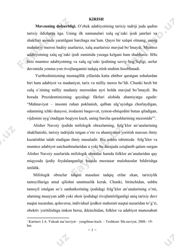 hu manbaning syujet hamda motivlaridan, xalq donishmandligining nodir namunalaridan, ommaning yumor hamda hajv dahosidan o’z davrining barcha muammolariga javob topa oladi. mavzuning o’rganilish tarixi. alisher navoiy ijodida mifologik obrazlar talqini masalasi ko’plab mumtoz adabiyot mutaxassislari va folklorshunoslarni qiziqtirib kelgan. professorlar n.mallaev, a.hayitmetov, b.sarimsoqov, a.abdug’afurov, a.jalolov, t.mirzaev, m.jo’raev, q.ergashevlarning darslik, qo’llanma va boshqa ilmiy asarlarida mazkur mavzu yoritilgan. biz ushbu masalaning ayrim tomonlarini kengroq yoritishga harakat qildik. tadqiqotning ilmiy yangiligi. alisher navoiy ijodida mifologik obrazlar talqini masalasi kuzatilar ekan, mumtoz shoirning xalq an’anasidan qanday foydalanganligi, yozma adabiyotning xalq og’zaki ijodi sarchashmalaridan oziqlanganligi masalasi haqida kengroq mulohazalar bildirishga harakat qilindi. mazkur masala bitiruv malakaviy ish doirasida keng ko’lamda birinchi marta tahlil va tadqiq etildi. tadqiqotning maqsad va vazifalari. tadqiqotning bosh maqsadi alisher navoiy ijodida mifologik obrazlarning talqinini tadqiq etish hisoblanadi. bu maqsadni amalga oshirish uchun quyidagi vazifalarni hal etish zarur: · alisher navoiyning miflarga va mifologiyaga munosabati masalasini o’rganish; · navoiy ijodida …
