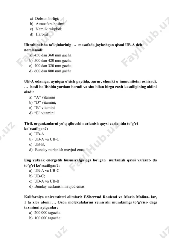 riyb 45 ming tonna; d) qariyb 60 ming tonna respublikamizda maishiy chiqindilarni qayta ishlanishi necha foizni tashkil qilmoqda?: a) 14,2 foizni; b) 15,3 foizni c) 17,2 foizni d) 18,4 foizni “ekologiya va atrof-muhitni muhofaza qilish sohasida davlat boshqaruvi tizimini takomillashtirish tog’risida”gi pf-5024 sonli farmoni qachon qabul qilindi?: a) 2017 yil 24-aprelda b) 2018 yil 21-dekabrda c) 2017 yil 25 iyunda d) 2017 yil 21-aprelda. qattiq, suyuq va gazsimon chiqindi moddalar atmosferaning tabiiy tarkibini o’zgartirib yuborishi - … deyiladi: a) havoning ifloslanishi; b) litosferaning ifloslanishi c) gidrosferaning ifloslanishi d) biosferaning ifloslanishi atmosfera havosida ifloslovchi moddaning ruxsat etilgan konttsentratsiyasi (rek) qaysi variantda to’g’ri ko’rsatilgan?: a) uning butun umri davomida insonning mehnat qobiliyatini pasaytirmaydigan, uning ahvolini va turmushining sanitariya-maishiy sharoitlarini yomonlash- tirmaydigan kontsentratsiyasidir; b) uning butun umri davomida insonning turmushining sanitariya-maishiy sharoit- larini yomonlashtirmaydigan kontsentratsiyasidir; c) insonning mehnat qobiliyatini pasaytirmaydigan, uning ahvolini va turmushining sanitariya-maishiy sharoitlarini yomonlashtirmaydigan kontsentratsiyasidir; d) uning butun umri davomida …