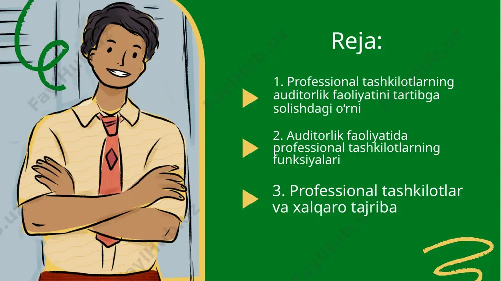 abi xalqaro sertifikatlar olish imkoniyati yaratilmoqda. audit jarayonida sifat nazoratini ta’minlash • sifat nazorati auditorlik faoliyatining ajralmas qismidir. • professional tashkilotlar auditorlik kompaniyalarida sifatni boshqarish tizimini joriy etishni talab qiladi. masalan, ifac tomonidan joriy etilgan sifatni nazorat qilish 1-standarti (isqc 1). • sifat nazorati tekshiruvlari natijasida auditorlik kompaniyalari faoliyati doimiy ravishda baholanadi va muammolar aniqlansa, ularni bartaraf etish choralari ko‘riladi. etika kodeksini ishlab chiqish va uning bajarilishini nazorat qilish • auditorlarning professional faoliyati davomida axloqiy tamoyillarga rioya qilishi zarur. ifac tomonidan ishlab chiqilgan professional etika kodeksi xalqaro auditorlar uchun asosiy hujjat hisoblanadi. • milliy auditorlik tashkilotlari ushbu kodeksni auditorlarning faoliyatiga tadbiq etib, uning buzilishining oldini olish va nazoratini amalga oshiradi. 2. auditorlik faoliyatida professional tashkilotlarning funksiyalari auditorlarning huquq va manfaatlarini himoya qilish • professional tashkilotlar auditorlarning qonuniy huquqlarini himoya qilish, ularga nisbatan noqonuniy bosimlar va tazyiqlarni kamaytirish maqsadida faoliyat yuritadi. • o‘zbekiston respublikasi auditorlar palatasi auditorlarning huquqlarini davlat va boshqa …