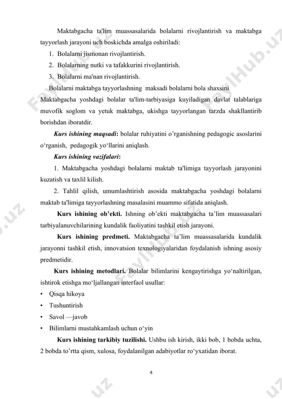 tkazishni ta'minlash zarurligini xisobga olishlari lozim. maktabgacha yoshdagi bolaning maktab ta'limiga utishi xamisha uning xayoti, axloki, kixikishi va munosabatlarida anchayin jiddiy o‘zgarishlarni yuzaga chikaradi. shuning uchun bolani yoki uydayok maktab ta'limiga tayyorlash, uni uncha kiyin bulmagan bilim, tushuncha, ko‘nikma va malakalar bilan tanishtirish kerak buladi. yetakchi mutaxassislarning fikriga kura «maktabga tayyorgarlik» tushunchasi bolani maktabga tayyorlashning kuyidagi yunalishlarini o‘z ichiga oladi: · jismoniy, · shaxsiy (ruxiy), · akliy · maxsus tayyorgarlik. jismoniy tayyorgarlik bolaning sog‘lomligi, xarakat ko‘nikmalari va sifati, qo‘l mushaklari va ko‘rish-motor muvofiqligi rivojlanganligi bilan izoxlanadi. shaxsiy tayyorligi, atrof-muxitga, kattalarga, tengdoshlariga, usimliklar dunyosiga, tabiiy xodisalarga, shaxsiy madaniyatni shakllanganligini nazarda tutadi. akliy tayyorgarlik bola obrazli va mantikiy fikrlashi, tasavvo‘rning, odamiylikning, bilimga kizikishning, mustakilligining, o‘zini-o‘zi nazorat kilishga, xamda o‘quv faoliyatini kuzatish, eshitish, eslab kolish, solishtirish kabi asosiy turlarini bilishni o‘z ichiga oladi. bolaning maktabda ta'lim olishi samarasi uning ona tilini bilishiga va nutkni kanchalik rivojlanganligiga kuprok bog‘liq buladi. chunki butun o‘quv faoliyati …