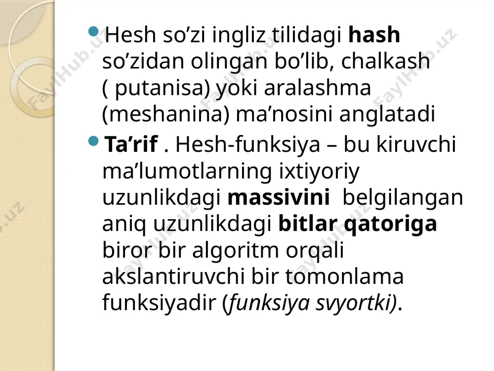 ymatlar sohasini qandaydir bir ma’lumotlar massivining yacheykasi, adresi sifatida foydalanishdan iborat. u holda ma’lumotlar massivi o‘lchami foydalanilayotgan xesh-funksiyaning qiymatlar sohasiga mos kelishi kerak. turli a1, a2, a3 identifikatorlar uchun mos ravishda n1, n2, n3 xesh-funksiya qiymatlari to‘g‘ri kelsin. n1, n2, n3 adreslarga mos yacheykalarda a1, a2, a3 identifikatorlar haqida ma’lumot joylanadi. a3 identifikatorni qidirishda n3 adres qiymati hisoblanadi va tegishli jadval yacheykasidan ma’lumotlar tanlanadi. bu metod juda effektiv, elementlarni jadvalga joylash vaqti ham, qidiruv vaqti ham faqat xesh-funksiyani hisoblashga ketadi. bu usulning 2 ta yaqqol kamchiligi bor: 1) identifikatorlar jadvalining xotira hajmidan unumsiz foydalanilishi. massiv o‘lchami xesh-funksiya qiymatlar sohasiga mos kelishi kerak, ayni vaqtda real holatda jadvalda saqlanayotgan identifikatorlar ancha kam bo‘lishi mumkin. 2) mos keluvchi xesh-funksiyani tanlay bilish. xesh-funksiyadan natija olish - “xeshlash” simvollar zanjiri ustida oddiy arifmetik va mantiqiy amallarni bajarish hisobiga erishiladi. xesh-adreslashda identifikatorlar jadvalining bir yacheykasiga 2 ta turli xil bo‘lgan identifikatorlar joylashishi mumkin emas. bu …