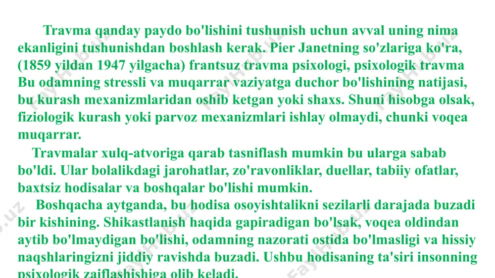 psixotravmaning xavf-xatarlari haqida gapirishga ommaviy ta'sir qilish natijasida, ko'plab psixologik adabiyot o'quvchilarida travma stress haqida ma'lumotlarni shakillantirib borishimiz mumkin. ota-onalar bizning rivojlanishimizda hal qiluvchi rol o'ynaydi, ota-onalar bizning tarbiyamiz uchun mas'uldirlar, lekin ular bizning hozirgi ahvolimiz uchun javobgar emaslar. bugun men allaqachon voyaga etganman va men bilan nima sodir bo'lishi allaqachon mening zimmamda. ana shu mas’uliyatni o‘z zimmasiga olgan holdagina inson kamolga yetadi. biz psixotravmalarga moyil bo'lgan, shunday turmush tarzini olib boradigan va shunday moyilliklarga ega bo'lgan odamlar borligiga rozi bo'lishimiz mumkinki, yo'q albatta, qanday chora tadbirlar ko'rish kerak bo'lsa imkon darajasida barchasidan foydalanmog'imiz zarurdir albatta! 02 foydalanilgan adabiyotlar: uz.healhty-food-near-me.com https://uz.tierient.com https://mentalhtytx.org https://uz.m.wikipedia.org e'tiboringiz uchun rahmat! image2.jpeg image3.jpeg image1.png