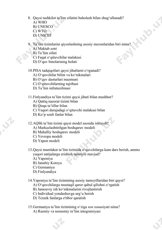 o yuqori natijalarga erishish tamoyili mavjud? a) yaponiya b) janubiy koreya c) germaniya d) finlyandiya 14. yaponiya ta’lim tizimining asosiy tamoyillaridan biri qaysi? a) o‘quvchilarga mustaqil qaror qabul qilishni o‘rgatish b) jamoaviy ish ko‘nikmalarini rivojlantirish c) individual yondashuvga urg‘u berish d) texnik fanlarga e'tibor qaratish 15. germaniya ta’lim tizimining o‘ziga xos xususiyati nima? a) rasmiy va norasmiy ta’lim integratsiyasi b) erta bosqichda kasb tanlashga yo‘naltirish c) qisqa muddatli ta’tillar d) yuqori moliyalashtirish 16. xalqaro tadqiqotlarda qanday ko‘rsatkichlar o‘rganiladi? a) ta’lim muassasalarining miqdori b) o‘quvchilarning tanqidiy fikrlash darajasi c) o‘qituvchilar soni d) moliyaviy resurslar hajmi 17. qaysi mamlakat ta’lim tizimi stem dasturlari bilan mashhur? a) rossiya b) aqsh c) xitoy d) hindiston 18. xitoy ta’lim tizimida qaysi jihat asosiy e'tiborda? a) faqat tabiiy fanlar b) intizom va mehnatsevarlikni rivojlantirish c) faqat xorijiy tillar d) ta’lim muassasalari sonini oshirish 19. fransiya ta’lim tizimining o‘ziga xos jihati nima? a) markazlashtirilgan boshqaruv b) xalqaro …