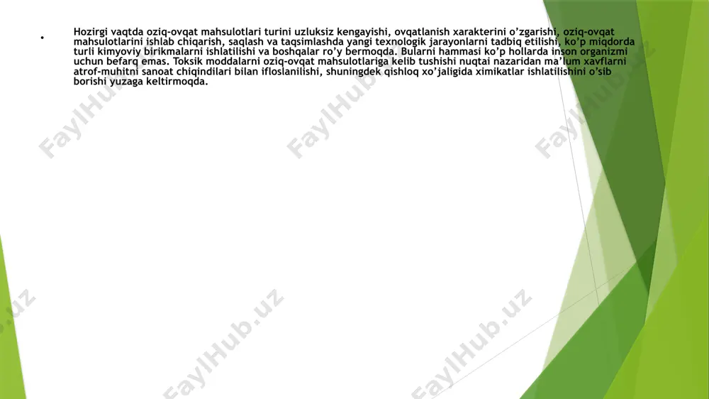 k avlodlar sog’lig’i uchun xavf tug’dirmasligi to’g’risidagi asoslangan ishonchli holatdir. yuqorida keltirilgan xavflar tahlili shuni ko’rsatadiki, oziq-ovqat mahsulotlari iste’mol qilinganida odam sog’ligi uchun eng yuqori xavf, asosan, mahsulot tarkibida zararli kimyoviy birikmalar borligi va uni kasallik tug’diruvchi mikroorganizmlar bilan zararlanganligi bilan bog’liq bo’ladi. oziq-ovqat mahsulotlari iste’molchilari sog’ligi uchun toksik elementlar (qo’rg’oshin pb, mishyak as, kadmiy cd va simob hg), mikotoksinlar (aflotoksin b1, dezoksinivalenol), pestisidlar (, , γ – geksaxlorsiklogeksan, ddt va uni metabolitlari) va radionuklidlar (seziy – 137, stronsiy – 90) eng xavfli hisoblanadi. iste’molchilar uchun xavfsiz deb tan olingan mahsulotda yuqorida qayd etilgan barcha kimyoviy elementlar va birikmalarni miqdori sanitariya-epidemiologiya nazorati organlari tomonidan belgilangan yo’l qo’yiladigan me’yorlardan oshmasligi lozim. ishlab chiqarilgan mahsulotni ushbu me’yorlarga mos kelishi davlat sanitariya-epidemiologiya xizmati organlari tomonidan nazorat qilinadi. test 1. 2050-yilga borib ochlik soni necha kishiga yetadi? a)1mlrd. b)815mln. c)2mlrd. 2.oziqaviy moddalarning yetishmasligi qaysi kasalliklarni keltirib chiqaradi? a)onkologik, arteroskleroz b)singa, pellagra, raxit, beri-beri c)gastrit, …