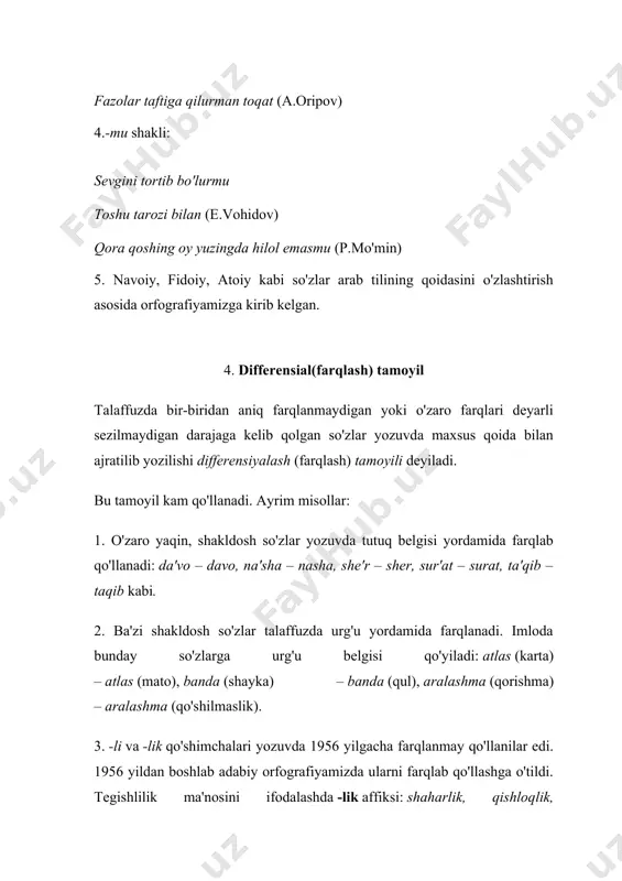 yil o'zlashgan so'zlarning qadimgi etimologik yoki grafik holatini saqlab qolish asosida yozish imloda etimologik yoki grafik tamoyil deyiladi. boshqacha qilib aytganda, yozuvda o'zlashma so'zning etimologiyasi saqlanadi. masalan, navoiy, lutfiy, maoniy, mutolaa, mushoira, muammo kabi so'zlar ham shu tamoyil asosida yozilgan. rus tili va u orqali o'zlashgan rol, sentner, tender, kompyuter, bank, senator, aksiya kabi so'zlar etimolo-gik-grafik tamoyil asosida yozilmoqda. shunisi xarakterliki, o'zbek tili talaffuzi uchun qiyin bo'lgan ba'zi ruscha-internatsional so'zlar hozirgi orfografik qoidalarga ko'ra, istisno tarzda, tilimizning talaffuz xususiyat-lariga moslab yoziladi va talaffuz qilinadi: kiosk – kioska, propusk – propuska, otpusk – otpuska, bank – banka kabi. ayni vaqtda orfografiya tamoyillari o'rtasida uzviy aloqa ham mavjud. oilaviy, navoiy kabi so'zlarning oxiridagi -viy, -iy qo'shimchalari tarixiy-an'anaviy tamoyilga ham, etimologik-grafik tamoyilga ham mos keladi. jo'nalish kelishigi shakli -ga, -ka, -qa yozilishida fonetik va morfologik tamoyillar mos keladi. nazorat uchun savollar: 1. orfografiya nima? orfografiyaning asosiy imlo qoidalarini ayting. 2. imlo qoidalari qanday …