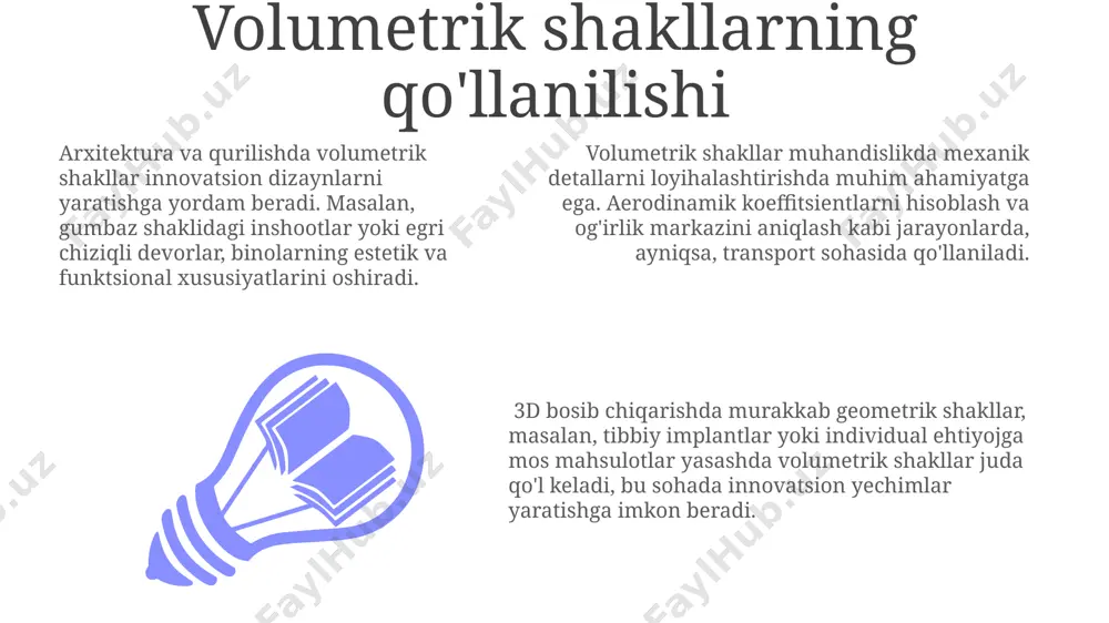 salan, to'rtburchak prizmasining 8 ta burchagi va 12 ta qirrasi bor. bu elementlar jismlarning geometrik tuzilishini aniqlashda muhim rol o'ynaydi. hajmli shakllar 3 o'lchamga ega: uzunlik, kenglik va balandlik. ularning hajmi v=lwh formulasi bilan hisoblanadi, bu yerda l - uzunlik, w - kenglik va h - balandlik, natija kub birliklarda ifodalanadi. hajmli shakllar yuzalarga ega bo'lib, ularning umumiy maydoni shaklning sirt maydonini tashkil etadi. misol uchun, kubning 6 ta kvadrati bor va uning sirt maydoni 6a^2 formula bilan hisoblanadi, bu yerda a - qirraning uzunligi. tekis va volumetrik shakllarni yaratish usullari tekis va volumetrik shakllarni yaratish usullari tekis shakllar uchun 2d grafika dasturlari, masalan, inkscape, chiziqlar, egri chiziqlar va to'rtburchaklar kabi asosiy geometrik elementlarni ishlatadi. beziye egri chiziqlari esa aniq va murakkab shakllar yaratishga yordam beradi. nur izlash (ray tracing) va global yoritish kabi renderlash usullari volumetrik shakllarning real ko'rinishini ta'minlaydi. bu usullar yorug'likning materiallar bilan o'zaro ta'sirini simulyatsiya qiladi, …