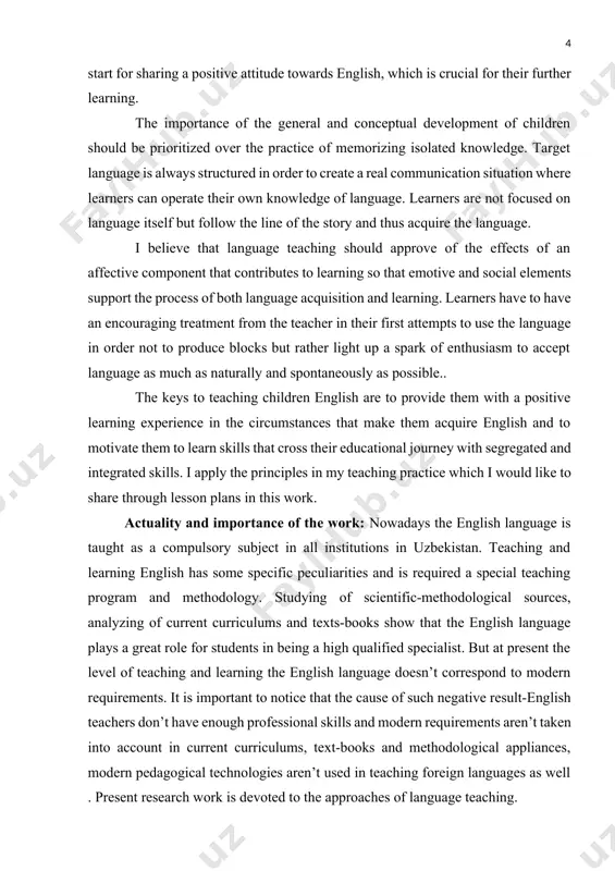 the period of their cognitive development, children enjoy the activities, in which they can fully participate, and which have clearly recognizable targets. to get children learn the useful social skills through integrated skill means to let children work together. having collected the experiences, learners have a good start for sharing a positive attitude towards english, which is crucial for their further learning. the importance of the general and conceptual development of children should be prioritized over the practice of memorizing isolated knowledge. target language is always structured in order to create a real communication situation where learners can operate their own knowledge of language. learners are not focused on language itself but follow the line of the story and thus acquire the language. i believe that language teaching should approve of the effects of an affective component that contributes to learning so that emotive and social elements support the process …