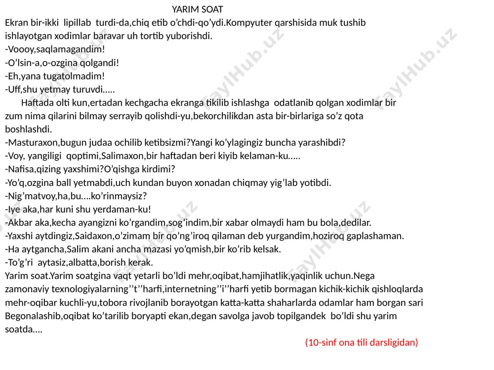 sturaxon oilasi tomonidan bunday e’tiborsizlikka duch kelsa,u qancha vaqt bee’tibor qoladi? a)46-144 b)48-168 s)42-148 4-savol kompyuterdan muntazam shug’ullanish inson organizmiga qanday salbiy ta’sir ko’rsatadi? a)moddalar almashinuvi buzuladi b)oyoq,qo’llarda og’riq kuzatiladi s)nevroz kasalligiga duchor bo’ladi 5-savol sizning fikringizcha asosiy fojia nimada?chiroqning o’chishidami yoki-----------------------------------------? 6-savol siz ham hayotingizda matndagidek voqealarni kuzatganmisiz? ha yo’q 7-savol o’sha yarim soat nima uchun yetarli bo’ldi? a)mehr,oqibat,hamjihatlik uchun b)chiroqni tuzatish uchun s)internetning ishlashi uchun image1.jpeg image2.jpeg image3.jpeg /docprops/thumbnail.jpeg