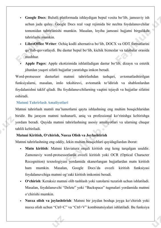 ydalanuvchi “delete” yoki “backspace” tugmalari yordamida matnni o‘chirishi mumkin. · nusxa olish va joylashtirish: matnni bir joydan boshqa joyga ko‘chirish yoki nusxa olish uchun “ctrl+c” va “ctrl+v” kombinatsiyalari ishlatiladi. bu funksiya vaqtni tejashga yordam beradi, masalan, bir hujjatdan ikkinchisiga ma’lumotni ko‘chirishda. amaliy misol: agar foydalanuvchi ilmiy maqola yozayotgan bo‘lsa, u bir manbadan muhim iqtibosni nusxa olishi va uni o‘z hujjatiga joylashtirishi mumkin. bu jarayon word yoki google docs’da bir necha soniya ichida amalga oshiriladi. xatoliklarni tuzatish va imlo nazorati matnni tahrirlashda xatolarni tuzatish muhim ahamiyatga ega. imlo, grammatika va tinish belgilari xatolari matnning sifatini pasaytiradi va uning professional ko‘rinishiga putur yetkazadi. zamonaviy word-protsessorlar avtomatik imlo tekshiruvi funksiyalarini taklif qiladi, bu esa foydalanuvchilarga xatolarni tezda aniqlash va tuzatish imkonini beradi. · imlo tekshiruvi: microsoft word va google docs kabi dasturlar xato so‘zlarni qizil rang bilan belgilaydi. masalan, agar foydalanuvchi “kitob” so‘zini “ktiob” deb yozsa, dastur bu xatoni aniqlaydi va to‘g‘ri shaklni …