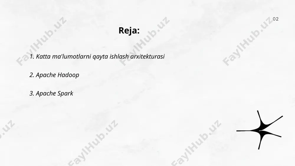 oriyasida ishlab chiqarilgan. 2010-yilda ochiq manba sifatida taqdim etilgan va 2013-yilda apache software foundation loyihasiga aylandi. 2. apache spark xususiyatlari: spark tezkor ma'lumotlarni qayta ishlash uchun mo'ljallangan. spark dag (directed acyclic graph) asosidagi hisoblash modelidan foydalanadi. sql, streaming, machine learning va graph computation kabi modullarga ega. rdd (resilient distributed dataset) asosida ishlaydi va hadoop mapreduce’dan 100 barobar tezroq. 3. apache spark foydalanuvchilari: spark 2018-yilda 2000 dan ortiq ishtirok etayotgan kompaniyalarda ishlatilgan. mit technology review jurnalida qayd etilishicha, spark google, netflix va alibaba kabi yirik kompaniyalar tomonidan keng qo‘llaniladi. ... t.me/slaydai_bot 4. katta ma'lumotlarni tahlil qilish ma'lumotlarni tahlil qilish — xom ma'lumotlarni foydali va tushunarli koʻrinishga keltirish jarayoni. statistik usullar, matematik modellar va ma'lumot texnologiyalaridan foydalaniladi. masalan, eksploratsion ma'lumot tahlilida korrelyatsiyalar, tendentsiyalar va anomaliyalar aniqlanadi. qayta regressiya tahlili esa bogʻliqliklarni topishda ishlatiladi. ma'lumotlarni vizualizatsiya qilish ham muhimdir — grafiklar, diagrammalar yordamida ma'lumotni sodda koʻrsatish mumkin. tahlil natijalari biznes strategiyalari yaratilishida, qaror …