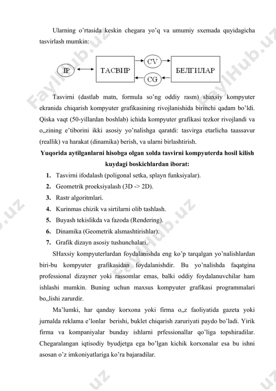 ymdagi nuqtalar soni bilan belgilanadi. rastr grafikasi uchun kamdan-kam hollarda grafik programmalar yordamida qo’lda bajarilgan tasvirlar ishlatiladi. professional rasm yoki fotosuratni rastr grafikasida ko’proq qo’llash kuzatiladi. oxirgi paytda rastr tasvirlarni ekranga kiritish uchun raqamli foto va videokameralar qo’llanilmoqda. shu sababli rastr grafikasini asosiy maqsadi tasvirni yaratish emas, balki mavjud tasvirni qayta ishlashdir. ammo rastrli grafika kamchilardan ham holi emas. masalan, 1. har bir tasvirni aks ettirish va kodlash uchun katta hajmdagi xotira maydonlari talab etiladi. 2. mayda detallarni ko„rish uchun tasvirni kattalashtirib bo’lmaydi. vektorli grafika-uning tasvirni aks ettirishda asosiy elementi chiziq bo’lib hisoblanadi. kompyuter xotirasida bu chiziq juda katta joy egallaydi, chunki xotirada chiziqning pa rametrlari ko„rsatiladi yoki formula orqali beriladi. unda sodda ob’ektlar murakkab ob’ektlarga birlashtiriladi, shu sababli vektor grafikasini ob’ektga yo„naltirilgan grafika deb ham aytiladi. kompyuter xotirasida vektor grafikasi chiziqlar sifatida saqlanib turishiga qaramasdan, tasvir ekranga nuqtalar sifatida chiqariladi. tasvirni ekranga chiqarishdan oldin har bir parametrni hisoblab chiqadi. …