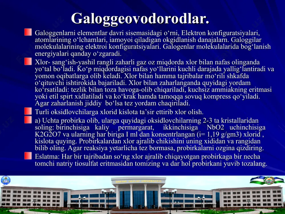 arini: 2) suvrn hisobga olib va reaksiya mahsulotlani sifatida oltingugurt, xlorid kislota, natriy sulfat hosil bо‘lishini nazarda tutib, xlorning tiosulfat bilan о‘zaro ta’sirini va bu reaksiyalarda oksidlovchi va qaytaruvchilarni kо‘rsating: elektronlarning о‘tish sxemasini tuzing. b) 4-rasmga qarab xloi olish asbobini yig‘ing. vyurs kolbasiga (1) marganets (iv) oksididan 5g solib, uning ustiga tomizgich voronkadan (2) konsertilangan xlorid kislotadan ( i-1,19 g/gm3) tomizing. ajralib chiqayotgan xlorning hajmi 50-100 ml li salrndisa (bankachalardan ham foydalanish mumkin) (3) yig‘ing va ular gazga tulgandan keyin shisha plastrnka bilan berkitib, keyingi tajribalar uchun saqlab qо‘ying. hamma idishlar xlor bilan tо‘ldirilgandan keyin asbobri mо‘rili shkafda qismlarga ajrating va yuvib qо‘ying. xlorning kimyoviy xossalarini о‘rgarish. metallarning xlorda yonishi a) temnr sim olib, uchini bukib ilmak yasang va unga ingichka mis tolalarini yoki miss qirindisini о‘rnating. misir gaz alangasida qizdirib, uchi tezlik bilan xlor tо‘ldirilgan bankalardan biriga tushiring. misning xlor bilan о‘zaro ta’sirini kuzating. reaksiya tugagach idish og‘zini berkitib, …