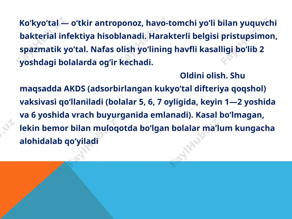 pulalar bo’g’zi maxsus kesgichda kesiladi, bo’g’zi sindirilib, paxtada artiladi; zararsizlanti ruvchi eritma 8 shprits ochilib, ignasi kiydiriladi, erituvchi ampuladan shpritsga 0,5 ml suyuqlik olinadi; 70% li etil spirti, 9 erituvchi suyuqlik shpritsdan quruq vaktsinali ampulaga asta-sekin chiqariladi tepki (qizamiq) zardobi 10 shprits porshenini harakatlantirib ampuladagi quruq vaktsina butunlay eriguncha aralashtiriladi; emlash anjomlarini yo’q qilish uchun maxsus zararsizlanti rish qutisi; 11 shpritsga 0,5 ml miqdorda eritma tortib olinadi; 12 ampulada qolgan zardob eritmasi steril salfetka bilan yopib qo’yiladi; 13 shpritsdagi havo va suyuqlik ortiqchasi salfetkaga chiqariladi; 14 shpritsda 0,5 ml eritma qolishi kerak; 15 bolaning kurak osti sohasi yoki yelkasining tashqi tomoni spirtda xo’llangan paxtada artiladi; 16 chap qo’lning birinshi va ikkinchi barmoqlar orasida terida burma hosil qilinib, zardob teri ostiga yuboriladi (igna 45° burchak ostida kiritilishi kerak); 17 igna sug’urib olinadi in’ektsiya joyi spirtli paxtada artiladi; 18 ishlatilgan barcha anjomlar: shprits, ignalar. paxta, salfetka, bo’shagan ampulalar mahsus zararsizlantirish qutisiga tashlanadi; …