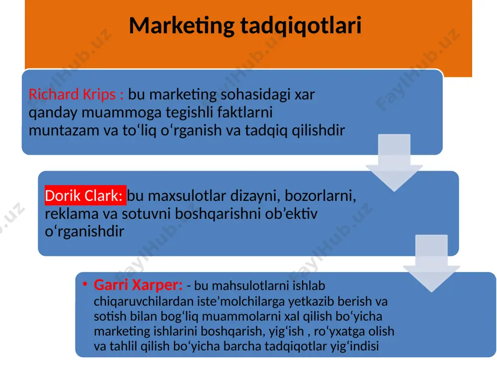 lish asosida amalga oshiriladi. bunday kuzatish odatda ko‘p vaqt, mablag‘ talab qiladi va uning natijalari tarmoqlararo ehtiyojlarni qondirish uchun xizmat qiladi. marketing tadqiqotlarida eksperiment uslubi ham ko‘p qo‘llaniladi. xususan, u tadqiqotda bir necha taqqoslanadigan holatlarni (guruhlarni) yaratishga va o‘zgaruvchi ko‘rsatkichlar ta’sirini aniqlashga asoslanadi. so‘roq uslubi tadqiqotining yo‘nalishiga ko‘ra anketa yoki mexanik qurilmalar vositasida amalga oshiriladi. so‘roq uslubining samarali jihati shundan iboratki, u tadqiqotda bir necha marotaba qo‘llanilishi, tegishli obyekt to‘g‘risida axborotlarni umumlashtirib borish imkonini beradi. 3.5. to‘plangan axborotlarni tahlil qilish va qayta ishlash marketing tadqiqotlari jarayoni tartibga solish masshtablashtirish umumlashtirish va taxlil kilish marketing tadkikotlari uchun kerakli va zaruriy bulgan axborot va ma’lumotlar kulamini muayyan tartibga solish vazifasini xal kilish bilan mamlakatimizda madaniy tarzdagi bozor tizimi, uning infrastrukturasi barpo etiladi. axborotlarni qayta ishlash uchun yozma va taxliliy uslublar ishlatiladi. marketingda taxliliy uslublar ichida ko‘prok: trend tizimi, regressiya va korrelyatsiya uslubi, diskriminant tahlil, klaster tahlili, omillar tahlili va boshkalar qo‘llaniladi. 3.6. …