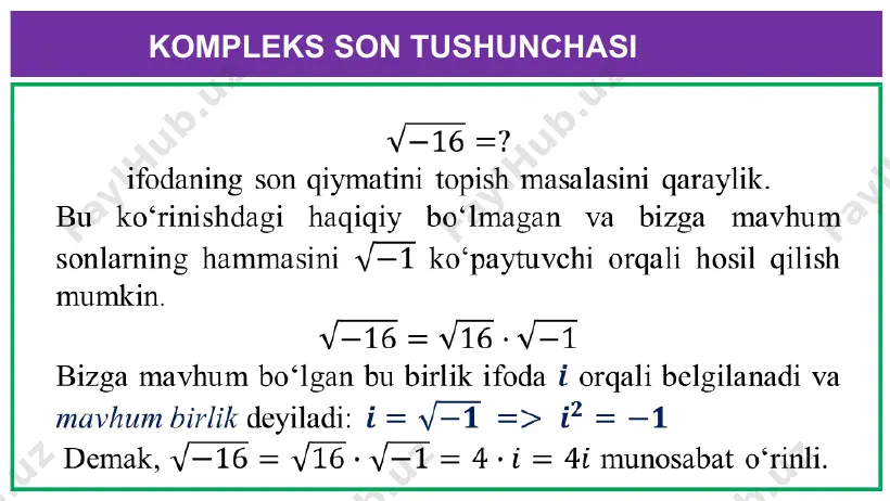 artibiga teskari qiymatli darajaga oshirish sifatida qabul qilish mumkin. bunda ham muavr formulasidan foydalanib quyidagicha formula xosil qilish mumkin kompleks sondan 4-darajali ildiz chiqaring. masalalar yechish 5 masala yechish: dastlab trigonometrik ko‘rinishda yozib olamiz: , mustaqil bajarish uchun topshiriqlar 1(m3). sonini soniga qo‘shgandagi natijani toping a) b) c) d) 2(m3). sonidan soni ayrilgandagi natijani toping a) b) c) d) 3(m3). sonini soniga qo‘shgandagi natijani toping a) b) c) d) 4(m3). sonini soniga ko‘paytirgandagi natijani toping a) b) c) d) 5(m3). sonini soniga ko‘paytirgandagi natijani toping a) b) c) d) mustaqil bajarish uchun topshiriqlar 6(m3). sonini soniga bo‘lgandagi natijani toping a) b) c) d) 7(m3). sonini soniga bo‘lgandagi natijani toping a) b) c) d) 8(m3). sonini kubga oshirgandagi natijani toping a) b) c) d) 9(m3). sonini darajaga oshirgandagi natijani toping a) b) c) d) 10(m3). tenglama nechta kompleks yechimga ega? a) yechimi yo’q b) c) d) 4 bugungi darsimizda kompleks sonlarga …