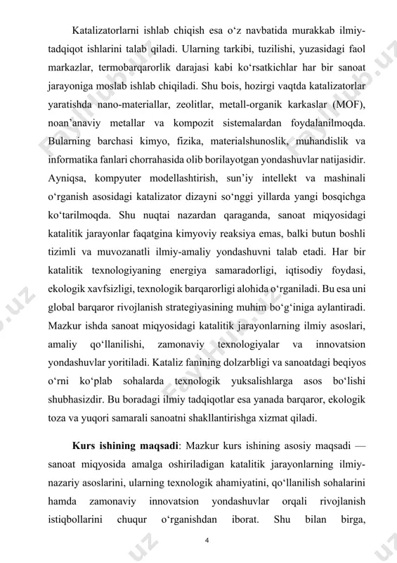 ayni paytda sanoat kimyosining asosiy harakatlantiruvchi kuchlaridan hisoblanadi. katalitik jarayonlar yordamida kimyoviy reaksiyalar tezroq, kamroq energiya sarfi bilan va yuqori selektivlik bilan amalga oshiriladi. shuning uchun ham katalizga ilmiy yondashuv, ya’ni jarayonning mexanizmi, energetikasi, modda yuzasidagi reaksiyalar va katalizator xossalarini chuqur o‘rganish sanoat texnologiyalarini takomillashtirishda muhim ahamiyatga ega. kataliz jarayoni mohiyatan reaktiv molekulalarning reaksiyaga kirishish yo‘lini o‘zgartirish orqali, pastroq aktivlashtirish energiyasini talab qiladigan alternativ yo‘lni taklif qiladi. bu esa reaksiya tezligini bir necha barobar oshirish imkonini beradi. shu bilan birga, katalizator reaksiya mahsuloti tarkibiga kirmaydi, ya’ni reaksiyada sarflanmaydi va doimiy ravishda o‘z faoliyatini davom ettiradi. katalizatorlarning samaradorligi ularning faolligi, selektivligi, chidamliligi va regeneratsiyalanuvchanligiga bog‘liq. kataliz hodisasi gomogen, geterogen va fermentativ turlarga bo‘linadi. gomogen katalizda katalizator va reaksiya ishtirokchilari bir xil fazada bo‘ladi (odatda suyuq yoki gazsimon holatda), geterogen katalizda esa ular turli fazalarda ishtirok etadi (odatda qattiq katalizator, gaz yoki suyuq reaktivlar). sanoatning aksariyat sohalarida aynan geterogen katalizdan keng foydalaniladi, …