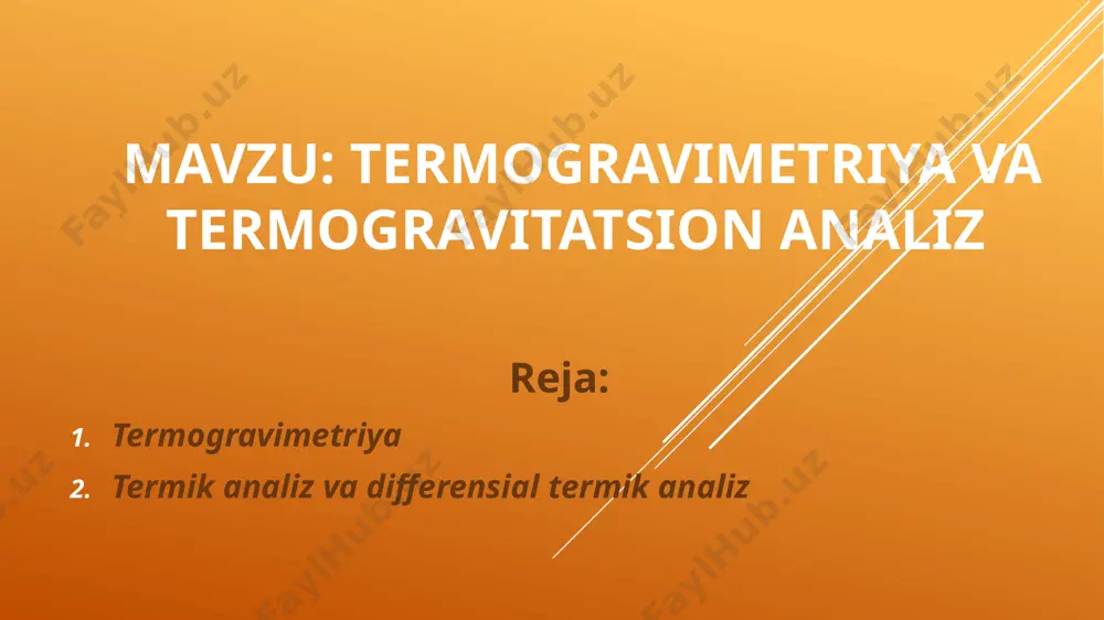 am mumkin. bu hollarda tennogravimetrik (tg) egri chizig 7 o ‘miga differensial tennogravimetrik (dtg) egri chiziq olinadi. dtg egri chizig4 tg egri chizig'ining birinchi hosilasi bo lib. namuna massalari-ning keskin o 'zganshlari katta aniqlik bilan qayd etiladi (9.11-rasm). bu borada de keyzer yarat-gan differensialtarozisini alohida qayd qilish lozim, chunki i bilan bevosita dtg qayd qilib boriladi. bu tarozining har ikki pallasiga bir xil massadagi platina tigellari osiladi. termik analiz va differensial termik analiz* modda tarkibidagi atomlar va molekulalararo energiyaning keskin o‘zgarishi issiqlik yutilishi oqibatida yuz beradi. bu hodisa natijasida tahlil qilinayotgan modda bilan atrof-muhit harorati orasida ma’lum farq boiishiga olib keladi. masalan, harorat o‘zgarishi modda parchalanib, uchuvchan komponentlaming ajralishi, kristall panjara tuzilishining o‘zgarishi, suyuqlanishi va qattiq moddalar orasida boradigan reaksiyalar oqibatida yuz beradi. bu bogiiqlik yordamida moddaning sifat va miqdoriy analizini amalga oshirish mumkin. reaksiya tugaganda egri chiziq o 'zgarishi teskari fomonga og'ib, keyin asosiy chiziqqa mos tutashadi. uchinchi diagramma …