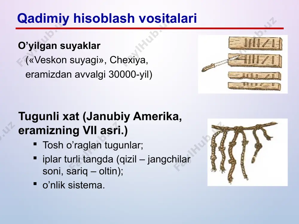 rilma (m.a. bonch-bburevich, 1918). kompyuterda matematispolzok mantiqdan foydalanish (k. shennon, 1936) ilmda o’sish 1937-1941. konrad suze: z1, z2, z3, z4. elekytomexanik rele (ikki holatga ega bo’lgan qurilma) ikkilik sistema bul algebrasidan foydalanish kinolentadan ma’ni kiritish 1939-1942. elektron lampali kompyuterning birinchi maketi, j. amanasoff ikkilik sistema 29 chiziqli tenglamalar sistemasini yechish birinchi kompyuterlar ishlab chiquvchi – govard ayken (1900-1973) aqshda birinchi kompyuter: uzunligi 17 m, vazni 5 tonna 75 000 elektron lampa 3000 mexanik rele qo’shish – 3 sekund, bo’lish – 12 sekund mark-i (1944) ma’lumotlarni qog’oz lentada saqlash  bu - dastur … ikkilik kodlash prinsipi: bklarcha axborot ikkilik ko’rinishda kodlanadi. dasturiy boshqaruv prinsipi: dastur kodlar to’plamidan tashkil topgan bo’lib, protsessor tomonidan ma’lum bir jetma-ketlikda avtomatik bajariladi. xotiraning bir xillilik prinsipi : dasturlar va ma’lumotlar ayni bir xotirada saqlanadi. adreslilik prinsipi : xotira nomerlangan yacheykalardan tashkil topgan; ihtiyoriy vaqtda ihtiyoriy yacheyka protsessor uchun ochiq (kirishli). («edvac mashinasi haqida birlamchi ma’ruza», …