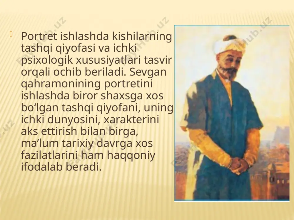 tlik va uyg‘unlik ustida ish olib boriladi. men sevgan qahramon mavzusida portret ishlashda taniqli musavvirlar yaratgan asarlar portretlari yorqin misol bo‘lib xizmat qiladi. ularning zamirida qandaydir ma’no yotganligini, xarakterining ochib berilishi va buyuk insonning ichki kechinmalarini ilg‘ab olish mumkin. mashhur o‘zbek musavvirlari abdulhaq abdullayev, rahim ahmedov, chingiz ahmarov, malik nabiyev va ko‘pgina boshqa rassomlar bu mavzuda ajoyib portretlar yaratganlar. abdulhaq abdullayev tomonidan yaratilgan portretlar, «men sevgan qahr amon» mavzusiga yaqin bo‘lgan asarlari respublikamizning mashhur yozuvchilari, shoirlari, olimlari va artistlarining siymolari galereyasidan o‘rin olgan, u psixologik portretlarning zukko ustasidir. savol va topshiriqlar 1. portretlarning qanday turlarini bilasiz? 2. men sevgan qahramon portreti qanday bajariladi? 3. mavzuli portret ishlaganda xarakterli xususiyatlari nimalardan ibo- rat? 4. qaysi rassomlar mashhur shaxslarning portretlarini ishlagan? topshiriq. «men sevgan qahramon» mavzusida samimiy portret ish- lash. image3.jpeg image4.png image5.jpeg image6.jpeg image7.jpeg image8.jpeg image9.jpeg image10.jpeg image11.png image12.jpeg image13.jpeg image14.jpeg image15.jpeg image16.jpeg image17.jpeg image18.jpeg image19.jpeg image20.jpeg