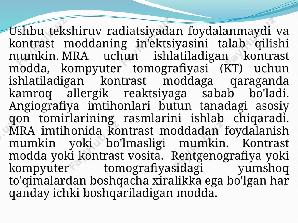 qimmatlidir. mra testining xavfi qanday? mra tekshiruvi noinvaziv va og'riqsizdir. qo'lingizga iv ni qo'yishganda, siz chimchilashingiz mumkin. ba'zi odamlar bosh og'rig'i, oshqozon buzilishi yoki allergik reaktsiya kabi kontrastdan (bo'yoq) yon ta'sirga ega bo'lishi mumkin. bu kamdan-kam uchraydi. buyrak etishmovchiligi bo'lgan odamlarda nefrojenik tizimli fibroz deb ataladigan noyob holat xavfi mavjud . kontrast agenti bu holatga olib kelishi mumkin va bu hayot uchun xavfli bo'lishi mumkin. 15 xulosa. magnit-rezonans angiografiyada (mra) kuchli magnit maydon, radiochastota to'lqinlari va kompyuter qon tomirlarini baholash va anormalliklarni aniqlashga yordam beradi. ushbu imtihon, barcha mr-ga asoslangan imtihonlar singari, nurlanishdan foydalanmaydi. mra - bu mrining bir turi. ular bir xil magnit-rezonans tomografiya mashinasidan foydalanadilar. mra qon tomirlari tasvirini yaratish uchun mridan foydalanadi. shuningdek, provayder arterial tizimingizni tasvirini yaxshilash uchun iv kontrastdan foydalanishi mumkin. mri qon tomirlari, a'zolar yoki hatto butun tanangizning tasvirlarini yaratishi mumkin. foydalanilgan adabiyotlar. magnit-rezonans angiografiya (mra) - radiologyinfo.org https://www.chp.edu/our-services/brain/neurology/patient-procedures/mra-scan image2.png image3.png image4.jpeg image5.png image6.png …