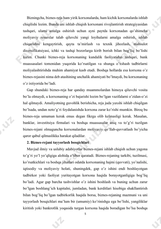 i lozim bo’lgan vazifalarni o’zidan-o’zi hal qilmaydi. amaliyotning guvohlik berishicha, reja juda yaxshi ishlab chiqilgan bo’lsada, undan noto’g’ri foydalanishda korxona zarar ko’rishi mumkin. biroq bu biznes-reja umuman kerak emas degan fikrga olib kelmasligi kerak. masalan, banklar, investitsiya firmalari va boshqa muassasalar aniq va to’g’ri tuzilgan biznes-rejani olmaguncha korxonalardan moliyaviy qo’llab-quvvatlash bo’yicha qaror qabul qilmaslikka harakat qiladilar. 2. biznes-rejani tayyorlash bosqichlari mavjud ilmiy va uslubiy adabiyotlar biznes-rejani ishlab chiqish uchun yagona to’g’ri yo’l yo’qligiga alohida e’tibor qaratadi. biznes-rejaning tarkibi, tuzilmasi, ko’rsatkichlari va boshqa jihatlari odatda korxonaning hajmi (quvvati), yo’nalishi, iqtisodiy va moliyaviy holati, shuningdek, gap o’z ishini endi boshlayotgan tadbirkor yoki faoliyat yuritayotgan korxona haqida borayotganligiga bog’liq bo’ladi. agar gap barcha tashvishlar o’z ishini boshlash va buning uchun zarur bo’lgan boshlang’ich kapitalni, jumladan, bank kerditlari hisobiga shakllantirish bilan bog’liq bo’lgan tadbirkorlik haqida borsa, biznes-rejaning mazmuni va uni tayyorlash bosqichlari ma’lum bir (umumiy) ko’rinishga ega bo’lishi, yangiliklar kiritish yoki bankrotlik yoqasida turgan …