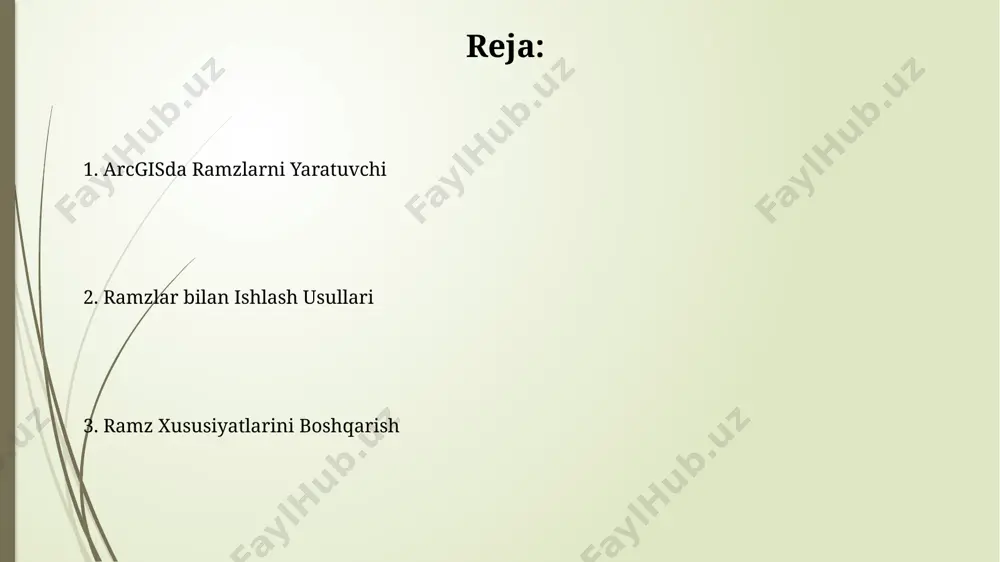 polygon ramzlari toshkent shahri xaritasida 1:5000 masshtabda 20 dan ortiq turli xil yer uchastkalarini, jumladan, bog‘lar va binolarni aks ettirish uchun qo‘llanilgan. surxondaryo viloyati hududida joylashgan 5 ta qishloq xo‘jaligi maydonlarini aniqlash va ularning chegaralarini belgilab olishda polygon ramzlari yordamida 10 gektarlik maydonlar aniq ko‘rsatilgan. ramzlar kutubxonasi arcgis-ning "ramzlar kutubxonasi" funksiyasi yordamida foydalanuvchilar o'zlarining loyihalarida 5 dan ortiq turli xil ramz tizimlarini, shu jumladan, vektor va raster tasvirlarini qo'llashlari mumkin. "ramzlar kutubxonasi"da 1000 dan ortiq turli xil ramzlar, jumladan, 200 dan ziyod o'simlik va hayvonot dunyosi ramzlari, shuningdek, toshkent shahri uchun maxsus yaratilgan ramzlar mavjud. ramzlar bilan muammolarni hal qilish samarqand viloyatining 3 ta tumanida joylashgan 15 ta obyekt uchun yaratilgan ramzlarning turli xil formatdagi ( .shp, .gdb) fayllarda saqlanishi ma'lumotlar birlashtirishda qiyinchiliklar tug'dirdi. toshkent shahridagi 1:5000 masshtabli xaritada 200 dan ortiq ramzlarning noto'g'ri qo'llanilishi natijasida 5 gektar yer maydonining chegaralari aniqlanmaganligi muammosiga duch keldik. chiziq ramzlari chiziq ramzlari xususiyatlarini …