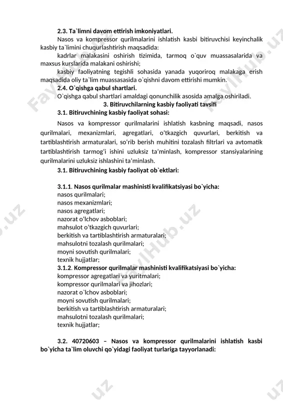 aza etishda nazorat ishlari qoidalariga amal qilish ko`nikmalariga ega bo`lish. uk-11. sanoat va nosanoat tashkilotlarda vujudga keladigan chiqindilarni atrof-muhitga zarar yetkazmaslik choralarini koʻrish va utilizatsiya qilish; uk-12. sohaga oid ekologik madaniyatga rioya qilgan holda faoliyat olib borish; 4.2. nasos va kompressor qurilmalarini ishlatish ta`lim dasturini o`zlashtirgan bitiruvchi quyidagi kasbiy kompetentsiyalarga ega bo`lishi kerak. 4.2.1. nasos qurilmalar mashinisti kvalifikatsiyasi bo`yicha: kk-1.1. neft, neft mahsulotlari va boshqa suyuqliklarni haydash jarayonidagi nasos qurilmalari va yordamchi qurilmalarga xizmat ko‘rsatish; kk-1.2. nasos qurilmalari agregatlariga xizmat ko‘rsatish, ishini nazorat qilish, armaturalarining sozligini tekshirish nuqsonlarini aniqlash va ta`mirlash; kk-1.3 nasosdagi tutashtirilgan berk quvur uzatmalari tarmoqlarini chidamlilikka sinash va ta’mir ishlarini amalga oshirishdan oldin nasosni tayyorlash. kk-1.4 nasos agregatining titrashini bartaraf etish jarayonidagi qurilmalarning zichligini tekshirish. kk-1.5 markazdan qochma nasoslarni ishlatish vaqtida uning podshipniklari va salniklarini tekshirish, o‘q bo‘ylab yo‘nalgan kuchni (bosim) qabul qilish moslamasini ishini nazorat qilish usullarini bajarish; kk-1.6 metchiklar yordamida rezba kesish uchun teshikni tayyorlash; …