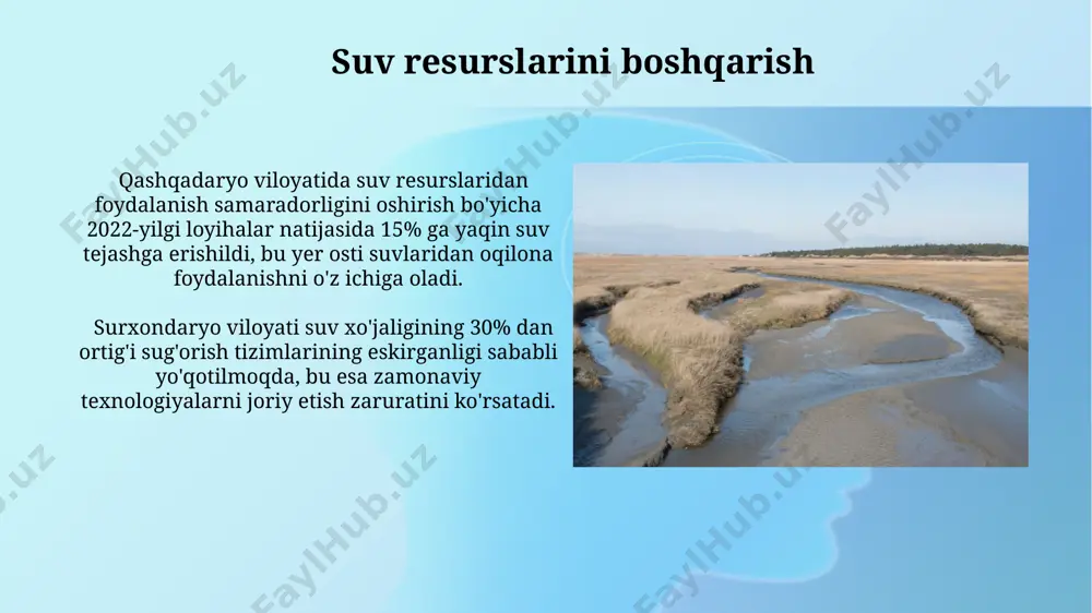 ta'minoti bilan bog'liq muammolar kuchaygan. qoraqalpog'iston respublikasida ariqlar tizimining eskirganligi va suvning 20% gacha yo'qotilishi, oqim rejimining o'zgarishi bilan birga, cho'l hududlarida yerlarning sho'rlanishiga olib kelmoqda. daryo oqimini monitoring qilish daryo oqimini kuzatishda 50 dan ortiq gidrometrik stansiyalar, jumladan, amudaryo va sirdaryo havzalarida joylashganlari, suvning miqdori va tezligini aniq o'lchashda muhim rol o'ynaydi. sun'iy yo'ldoshdan olingan ma'lumotlar va gis texnologiyalari yordamida, masalan, toshkent viloyatidagi chirchiq daryosining oqimini real vaqt rejimida kuzatish va tahlil qilish mumkin. e'tiboringiz uchun rahmat @taqdimot_robot image2.jpg image3.jpg image4.jpg image5.jpg image6.jpg image7.jpg image8.jpg image9.jpg image10.jpg image11.jpg image12.jpg image13.jpg image14.jpg image15.jpg image1.png