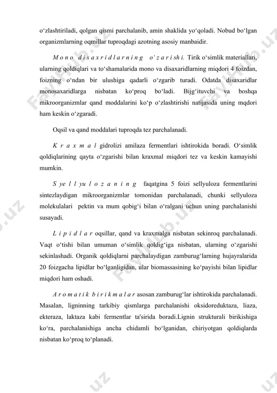p p a o‘ziga xos xususiyatga ega bo‘lgan organik moddalar- tuproq gumusi yoki chirindisidan iborat. gumus organik moddalar sintezidan hosil bo‘lgan yuqori molekulyar birikmadir va tuproqdagi organik moddalarning 85-90 foizini tashkil etadi. organik moddalarning parchalanishi natijasida nisbatan oddiy moddalar, sintezlanganda esa juda murakkab birikmalar hosil bo‘ladi. shunday qilib, har qanday tuproqda bir vaqtning o‘zida ikki jarayon; 1.m i n ye r a l l a n i sh – murakkab organik birikmalarning oddiy moddalar (co2, h2o, nh3 kabi) gacha parchalanishi va 2.g u m u sning hosil bo‘lishi (gumifikatsiya) jarayonlari ro‘y beradi. tuproq gumusining tarkibi va xossalari. gumusning kimyoviy tarkibini o‘rganishga doir dastlabki tadqiqotlar shved olimi ya. berselius tomonidan olib borildi. u 1836 yilda tuproq chirindi moddalarini tekshirib qator o‘ziga xos organik birikmalar kren, apokren, gumin, ulmin kabi to‘rtta gumus kislotalarini ajratdi. bu kislotalarning tarkibi keyinchalik v.r.vilyams va boshqa qator olimlar tomonidan batafsil o‘rganildi. rus olimlari i.v.tyurin, m..kononova, s.s.dragunov, v.v.ponomarev, …