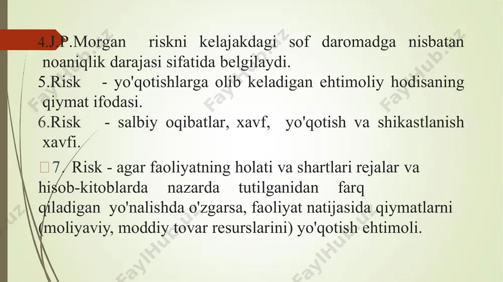 lanishi: tipik xatar matritsasi xatarlar ro'yxatini ko'rish va ularni loyiha maqsadlariga ta'sir qilish ehtimoli va potentsial tahdid darajasi bo'yicha taqsimlashga imkon beradi. ushbu ko'rsatkichlarning ko'paytirilishi loyiha uchun ahamiyatini aniqlaydi. ehtimol bo'lmagan, ammo loyihaga jiddiy salbiy ta'sir ko'rsatishi mumkin bo'lgan xavf loyihani boshqarishning alohida diqqat markazida bo'lishi kerak. риск ехтимоллиги (шкала бўйича 1 дан 10 гача) салбий эффекти (шкала бўйича 1 дан 10 гача) мухимлиги (ехтимоллик ва салбий эффектнинг кўпайтмаси риск 1 5 6 30 риск-2 9 2 18 риск-3 2 10 20 риск 4 3 5 15 risk omillarini tasniflash maqsadga muvofiqdir. shubhasiz, ta'sir qiluvchi omillar to'plami turli xil holatlar uchun farq qiladi: agar «kelajakdagi foyda» holati ko'rib chiqilsa, u omillarning bitta to'plamiga aylanadi, agar «kompaniyaning bozor kapitallashuvi" holati ko'rib chiqilsa, u holda boshqacha, biroz boshqacha omillar to'plami bo'ladi, davlat «kompaniyasining obro'si» bu omillar to'plamining uchinchi to'plami bo'ladi. risklarni quyidagicha tasniflash: to'g'ridan-to'g'ri pul ko'rinishida ifodalanishi mumkin bo'lgan iqtisodiy faoliyat xatarlari …