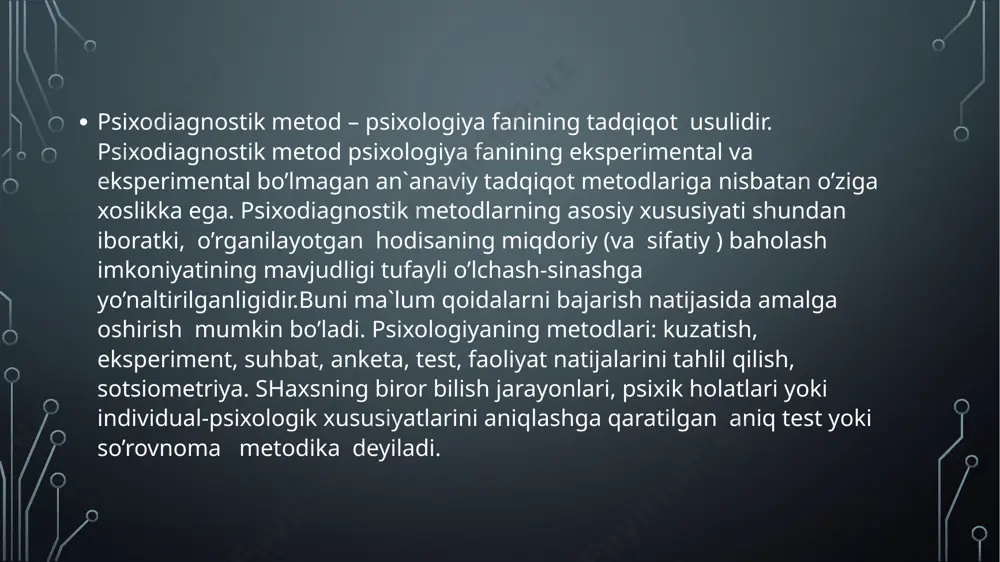 rovnomalar, faoliyat mahsullarini o’rganish va boshqalarga bo’linadi. b. g. ananev g.d.pirov klassifikatsiyasini tanqid ostiga olib, boshqasini taklif etdi. hamma metodlarni u: 1) tashkiliy; 2) empirik; 3) ma`lumotlarni qayta ishlash usuli; 4) sharhlash metodlariga bo’ldi. tashkiliy metodlarga b.g.ananev qiyosiy, longityud va kompleks metodlarni kiritdi. ikkinchi guruhga observatsion metodlar, eksperiment psixodiagnostik metod, faoliyat mahsullari, modellashtirish va biografik metodlar kiritildi. uchinchi guruhga ma`lumotlarni matematik-statistik tahlil qilish metodi va sifat tahlili kiritildi. nihoyat, to’rtinchi guruhni genetik va donalash metodi tashkil qildi. ananev har bir metodni aniqroq tasvirlab berdi. m.s. rogovin va t.b. zapevskiylarning fikricha, metod bu – idrok jarayonida ob`ekt va sub`ekt orasidagi ba`zi bir nisbatlarning ifodalanishidir. ular asosiy psixologik metodlarning sonlarini 6 taga birlashtirishadi. 1) germenevtik – fanning bo’linmagan yakka holatiga to’g`ri keladi; 2) biografik metod – psixika to’g`risidagi fanning yakka ob`ektiv idrokini ko’rsatish; 3) kuzatish – idrok ob`ekti va sub`ekti farqlanadi; 4) o’z-o’zini kuzatish - sub`ektni oldingi farqlanish asosida ob`ektga aylanishi; 5) …