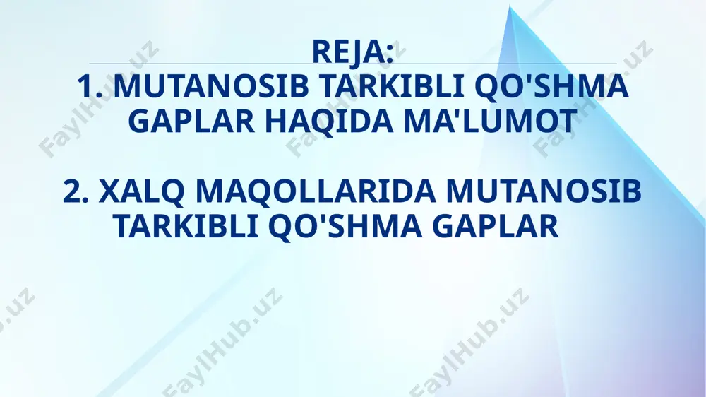 arni ifodalaydi. yuklamalar qo'shma gapdan anglashilgan yuqoridagi shakllar ma'nosida taajjub, ta'kid kabi bo'yoqlarini orttiradi. qo'shma gap tarkibida nisbiy so'z ishtirok etganda, sodda gaplar nomustaqillik kasb etgandek tasavvur uyg'otadi: 1. kim devorning narigi tomonida bo'lsa, u omon qoldi. (r.fay.) 2. qayer obod bo'lsa, o'sha yer mehrni tortadi. halim kelsa, u voqeani aytib beradi qo'shma gapi shakliy jihatdan [wpmwpm] tipik ko'rinishi hosilasi. chunki birinchi gapni ikkinchisisiz qo'llab bo'lmaydi. kim kelsa, u voqeani aytib beradi gapining har ikkala qismi mazmunan bir-birini taqozo etadi, shaklan esa [wpmwpm] qolipi mahsulida ham, [wpmwp] mahsulida ham nisbiy so'zlar ishtirok etadi demak, [wpr wpm] umumiy qolipining ko'rinishidan bo'lgan [wpmwpm] qolipi har ikkala uzvi kesimlarining ham nomustaqilligi bilan xarakterlanadi. mutanosib tarkibli xalq maqollari. 1.yaxshi-yaxshi desang , kunda tariqday yaxshilik qo'shilar. 2.bo'rini bolasini bo'rkingda boqsang, el bo'lar. 3. yaxshi niyat qilsang, ishlaring baroridan kelar. 4.erta tursang, noning qizarar. 5. ona sut bersa ekan, bola yig'lamasa. 6. oltida yig'sang, oshar, yettida …