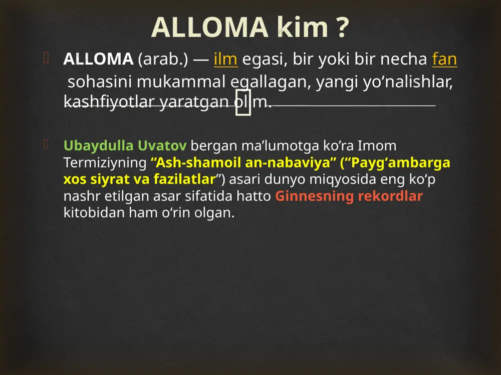 iy jihatdan deyarli bir ma’noni anglatgan. ibn an nadim “al-fixrist” asarida akademiyani “donolar uyi” deb ataydi. ibn said al-andalusi yoki al-kalaksandiy singari boshqa olimlar "donolik uyi" atamasi yoki “hikmatlar uyi” nomiga murojaat qilishgan. masalan, hoji xalifa "dar al-hikma" nomi bilan mashhur bo'lgan boshqa nomdan foydalanadi. biroq, hikmatlar uyining turli nomlaridagi eng qiziq narsa shundaki, ularning barchasi bir xil semantik ma'noga ega: bu yerda hamma bilim va donolikni topish mumkin. “bayt al-hikma” nomi tarixi   abu bakr ar roziy (865-925)- chechak va qizamiq kasalliklarini o’rgangan. "chechak va qizamiq haqida kitob" ("kitob aljudariy valhasba") nomli asar yaratib, tibbiyot tarixida birinchi marta chechakni taʼriflab berdi. 1796 yilga kelib yevropada ingliz vrachi e. jenner chechakka qarshi emlashni taklif etdi. ------------------------------------------------------------------------------------ ali ibn abbos (994-v) saraton kasalligiga doir “kitobi al maliki” asarini yozgan. 1628-yilda william harvey tomonidan olib borilgan otopsiyalar inson anatomiyasi va fiziologiyasi haqida dastlabki hulosalarni berdi islom sivilizatsiyasi olimlari va yevropalik olimlar …