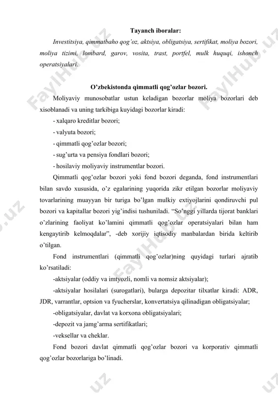 alari xii-xv asrlarda o’sha zamonning venetsiya, genuya, florentsiya, shampan, bryugge, london va boshqa shu kabi asosiy savdo shaxarlarida dastavval veksel yarmarkalari sifatida paydo bo’lgan. birja (“borsa”) nomi gerbida uch charm qop (ter buerse) aks ettirilgan va uyi bryugge shaxrining veksel savdolari amalga oshgan shox maydonida joylashgan qadimgi savdogar oilasining nomi van der burse dan kelib chiqqan. xvi asrda dastlabki ikki fond birjasi antverpen va lion shaxarlarida tashkil topgan va tugatilgan. bu erda savdolar nafaqat veksellar bilan, balki davlat zayomlari bilan ham o’tkazilgan hamda rasmiy birja kurslari belgilangan. xvii asrda dunyoda eng qadimgi bo’lgan amsterdam fond birjasi tashkil etiladi. savdolarda dastlab aktsiyalar paydo bo’ladi. xvii asrning oxirida london fond birjasi (lse) tashkil etiladi, hozirgi kunda u moliyaviy instrumentlar savdolari hajmi bo’yicha jahonda ikkinchi birja bo’lib hisoblanadi. lseda qimmatli qog’ozlar bilan savdo qiluvchilarga nisbatan “ho’kiz” va “ayiq” so’zlari birinchi bor qo’llanila boshlagan. ushbu so’zlarni qimmatli qog’ozlar bilan savdo qiluvchilarga nisbatan ishlatilishi mazkur …