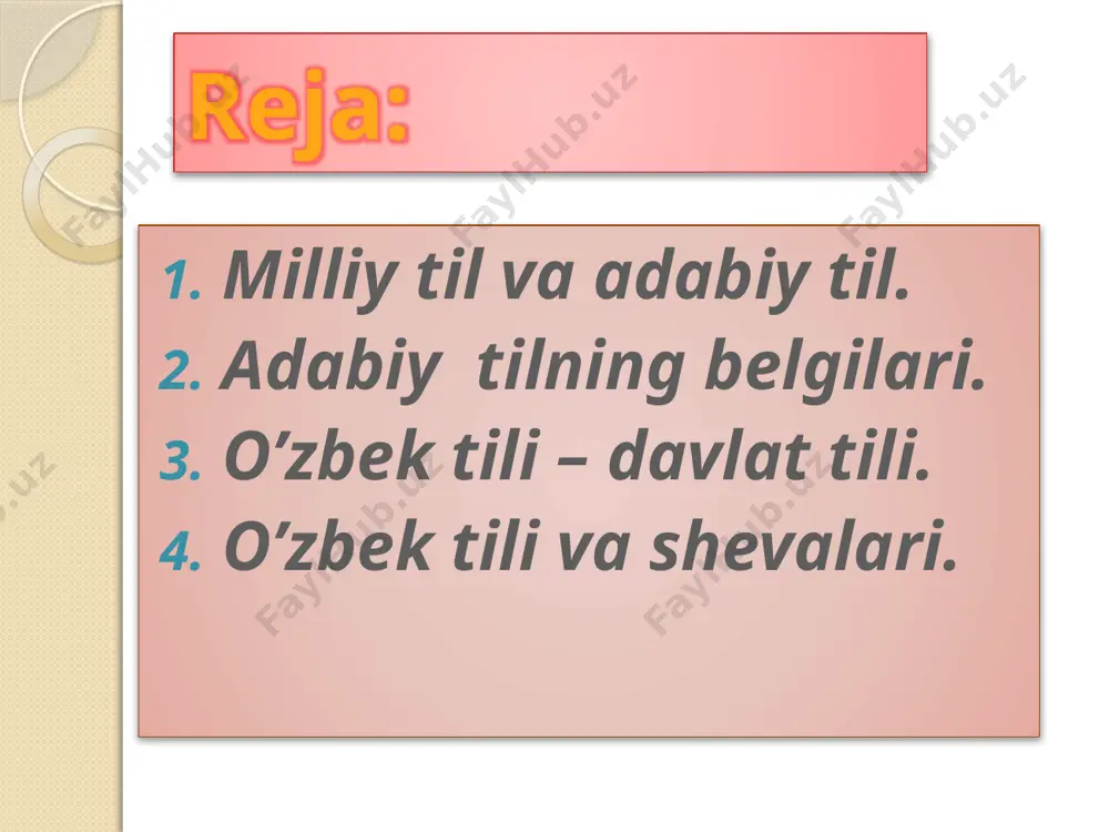 isher navoiy nomidagi til va adabiyot instituti tomonidan tayyorlangan “o’zbek tilining izohli lug’ati” tilimizning izchil rivojlanayotganligidan dalolat beradi. mustaqilligimizning 17 yilligi bayrami arafasida nashr etish ishlari yakunlangan 5 jildli mazkur izohli lug’at o’zbek adabiy tilida iste’molda bo’lgan 80 mingdan ortiq so’z, so’z birikmasi, fan va texnika,, san’at va madaniyat sohalariga oid terminlarni, tarixiy va eskirgan atamalarni o’z ichiga olgan. “davlat tili haqida”gi qonun 1-modda: o’zbekiston respulikasining davlat tili o’zbek tilidir. 2-modda: o’zbek tiliga davlat tili maqomining berilishi respublika hududida yashovchi millat va elatlarning o’z ona tilini qo’llashdan iborat konstitutsiyaviy huquqlariga monelik qilmaydi. qarluq lahjasi asosan markaziy shahar shevalari birligidan tashkil topgan bo’lib, adabiy tildan quyidagicha farqlanuvchi belgilarga ega: fonetik jihatdan: so’z oxiridagi k undoshi y tarzida talaffuz qilinadi: terak-teray, bilak-bilay adabiy tildagi a unlisi o tarzida talaffuz qilinadi: aka-oka leksik jihatdan: qalampir-garmdori, narvon-shoti, hovli-eshik morfologik jihtdan: hozirgi zamon davom fe’li –yap o’rnida –vot,-ut qo’shimchalari qo’llaniladi qaratqich kelishigi –ning o’rnida tushum …
