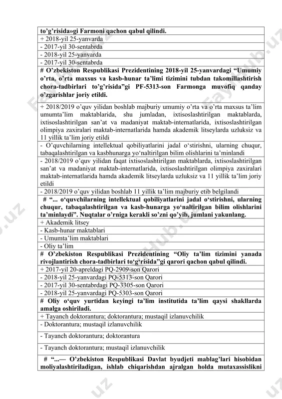 s ta’lim umumta’lim maktablarida, shu jumladan, ixtisoslashtirilgan maktablarda, ixtisoslashtirilgan san’at va madaniyat maktab-internatlarida, ixtisoslashtirilgan olimpiya zaxiralari maktab-internatlarida hamda akademik litseylarda uzluksiz va 11 yillik ta’lim joriy etildi - o’quvchilarning intellektual qobiliyatlarini jadal o‘stirishni, ularning chuqur, tabaqalashtirilgan va kasbhunarga yo‘naltirilgan bilim olishlarini ta’minlandi - 2018/2019 o’quv yilidan faqat ixtisoslashtirilgan maktablarda, ixtisoslashtirilgan san’at va madaniyat maktab-internatlarida, ixtisoslashtirilgan olimpiya zaxiralari maktab-internatlarida hamda akademik litseylarda uzluksiz va 11 yillik ta’lim joriy etildi - 2018/2019 o’quv yilidan boshlab 11 yillik ta’lim majburiy etib belgilandi # “... o‘quvchilarning intellektual qobiliyatlarini jadal o‘stirishni, ularning chuqur, tabaqalashtirilgan va kasb-hunarga yo‘naltirilgan bilim olishlarini ta’minlaydi”. nuqtalar o’rniga kerakli so’zni qo’yib, jumlani yakunlang. + akademik litsey - kasb-hunar maktablari - umumta’lim maktablari - oliy ta’lim # o’zbekiston respublikasi prezidentining “oliy ta’lim tizimini yanada rivojlantirish chora-tadbirlari to‘g‘risida”gi qarori qachon qabul qilindi. + 2017-yil 20-apreldagi pq-2909-son qarori - 2018-yil 25-yanvardagi pq-5313-son qarori - 2017-yil 30-sentabrdagi pq-3305-son qarori - 2018-yil 25-yanvardagi pq-5303-son qarori # …