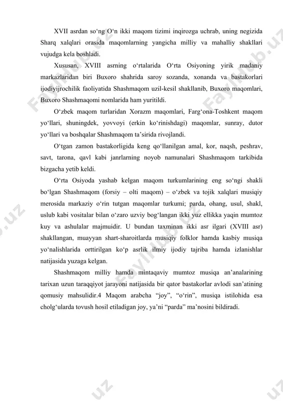 tonallikni hamda ularga mos keladigan kuy va ashulalar majmuasini ifodalaydi. bu tushunchalar turli davrlarda yashab kelgan maqomlarning hamma shakllarida ham o‘z mazmunini birdek saqlab keldi. shashmaqom olti turli ladlarga moslab olingan va ularga asoslangan kuy va ashulalar yig‘indisidan iborat. shashmaqomning lad asosi olti turli bo‘lsada, unga yaqin keladigan boshqa ladlarga mos kuylar ham kiritila bergan. ayniqsa, bu narsa maqom sho‘balarining taronalarida yaqqol ko‘rinadi. ularda tonallikkina emas, balki lad tuzilmasi ham o‘zlari mansub bo‘lgan asosiy maqom yo‘liga nisbatan o‘zgarib turadi. shashmaqomga: buzruk – (katta, ulug‘), rost – (to‘g‘ri, haqqoniy), navo – (ohang, kuy), dugoh – (ikki parda yoki ikkinchi parda), segoh – (uch parda yoki uchinchi parda), va iroq – (arab mamlakatlaridan birining nomi)maqomlari kiradi. olti maqomning har biri tarkibida taxminan 20 tadan 44 tagacha katta va kichik maqom yo‘llari bor. shashmaqom lad asosi haqida fikr yuritilar ekan, har bir maqomni tashkil etgan tovushqatorlarda tayanch tovush (parda) lari mavjud.kuy yuqoriga tomon …