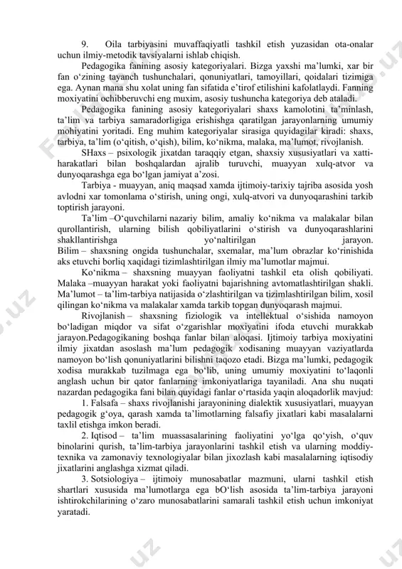 ani asoslari muayyan tizimga solindi va ilmiy jixatdan asoslandi. bu o‘rinda pedagogika fani rivojiga o‘zining munosib xissasini qo‘shgan mutafakkirlar: g‘arbda - ya.a.komenskiy, d.didro, j.j.russo, f.gerbart, v.v.disterveg, k.d.ushinskiy, a.s.makarenko, v.a.suxomlinskiy, sharqda i.ibrat, s.siddiqiy, a.shakuriy, s.ayniy, a.avloniy, a.fitrat, x.x.niyoziy, m.abdurashidov, m.bexbudiylar shaxsga ta’lim berish va uni tarbiyalash borasidagi qarashlarni yanda boyitdilar xamda ta’lim tizimiga ilm-fan, texnika yangiliklarini tadbiq etish, o‘qitishni yangi tizim (izchil, uzluksiz, asoslangan) asosida tashkil etish kabi g‘oyalarni ilgari surdilar. sobiq sho‘ro davrida pedagogika fani mazmunan ilm-fan, texnika va texnologiya yutuqlari asosida boyidi, ta’lim muassasalari tizimi shakllantirildi, shuningdek, xar tomonlama (garmonik) rivojlangan shaxsni shakllantirish nazariyasi asoslandi. biroq, mazkur nazariya g‘oyalarini amaliyotga tadbiq etishning puxta asoslangan mexanizmi yaratilmadi. o‘zbekiston respublikasi mustaqillikni qo‘lga kiritgach, rivojlanish va taraqqiyot yo‘li demokratik, insonparvar va xuquqiy jamiyatni barpo etishdan iboratligi e’tirof etilib, «ta’lim tizimini tubdan islox qilish, uni o‘tmishdan qolgan mafkuraviy qarashlar va sarqitlardan to‘la xalos etish»1 davlat siyosatining ustuvor yo‘nalishlaridan biri deya belgilandi. asosiy e’tibor …