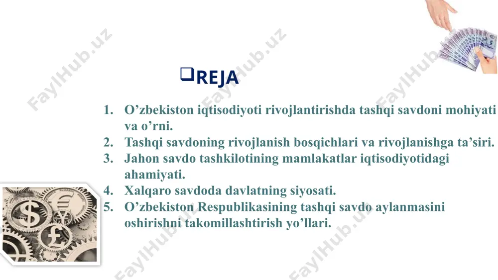 o‘rtinchidan, xalqaro savdoning jadal rivojlanishi xorijiy investisiyalar va xalqaro hisob-kitoblarni rag‘batlantiradi. uchinchidan, xalqaro savdoning rivojlanishi mintaqaviy integratsiya jarayonlari jadallashuvining muhim sharti hisoblanadi va xalqaro mehnat taqsimotining chuqurlashuviga olib keladi. ikkinchidan, tovarlar xalqaro savdosining rivojlanishi pirovard natijada xalqaro xizmatlar almashinuvi darajasini belgilab beradi. birinchidan, jahon xo‘jalik aloqalarining barcha shakllari – chetga kapital chiqarish, ishlab chiqarish kooperatsiyasi, ilmiy-texnika hamkorligi xalqaro savdo orqali amalga oshadi. xalqaro savdoning xalqaro iqtisodiy munosabatlar tizimida tutgan o‘rni esa quyidagilar bilan belgilanadi: o’zbekistonda tashqi savdoni rivojlantirish quyidagilarni qamrab oladi: xalqaro iqtisodiy va moliyaviy hamkorlik axborot olish erkinligi chet el investitsiyalarini jalb qilish o‘zbekiston respublikasidan tashqaridagi investitsiya faoliyati 2. tashqi savdoning rivojlanish bosqichlari va rivojlanishga ta’siri. xeksher-olin modeli va kompaniyalarning tashqi savdo faoliyati nazariyalarini aqsh lik mashhur tadqiqotchi m. porter birlashtirishga harakat qildi. uning fikricha, zamonaviy tashqi savdoning rivojlanishi ishlab chiqarish omillari, xizmat ko‘rsatuvchi tarmoqlar talabi, firma strategiyasi va raqobat muhitiga bog‘liq. bularning barchasi bir-biriga o‘zaro ta’sir ko‘rsatib, hukumat …