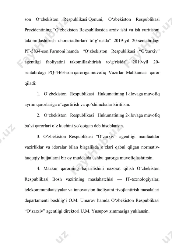 ‘rsatishini ta’minlash; arxiv xizmatlarini ko‘rsatishda nodavlat sektorni yanada rivojlantirish, arxiv ishi sohasida davlat-xususiy sheriklik uchun qulay shart-sharoitlar yaratish; arxivshunoslik, arxeografiya, ish yuritish, elektron hujjat aylanishi sohasida ilmiy-metodik ishlarni tashkil etish va muvofiqlashtirish, ilmiy tadqiqotlar natijalarini va ilmiy-texnika yutuqlarini respublika arxivlari amaliyotiga joriy etish; zamonaviy texnologiyalardan foydalangan holda muntazam ravishda arxiv ishi va ish yuritish sohasida faoliyat ko‘rsatayotgan xodimlarning malakasini oshirish tizimini shakllantirish; arxiv ishi va ish yuritish sohasida mamlakatimiz va xorijiy davlatlarning ilg‘or ish tajribasini o‘rganish va ommalashtirish, xorijiy arxivlarda saqlanayotgan o‘zbekiston tarixiga oid arxiv hujjatlari nusxalarini olib kelish. 2. agentlik o‘ziga yuklangan vazifalarga muvofiq quyidagi funksiyalarni amalga oshiradi: a) arxiv ishi va ish yuritish sohasida yagona davlat siyosatini yuritish va nazorat qilish sohasida:arxivlar faoliyatini qo‘llab-quvvatlash hamda arxiv ishini rivojlantirishga doir davlat dasturlarini ishlab chiqadi va amalga oshiradi; arxiv hujjatlarini arxivlarda, muzeylarda, kutubxonalarda, ilmiy muassasalar va boshqa joylarda jamlash, hisobga olish, saqlash va foydalanish masalalari bo‘yicha normativ-huquqiy hujjatlar loyihalarini ishlab …