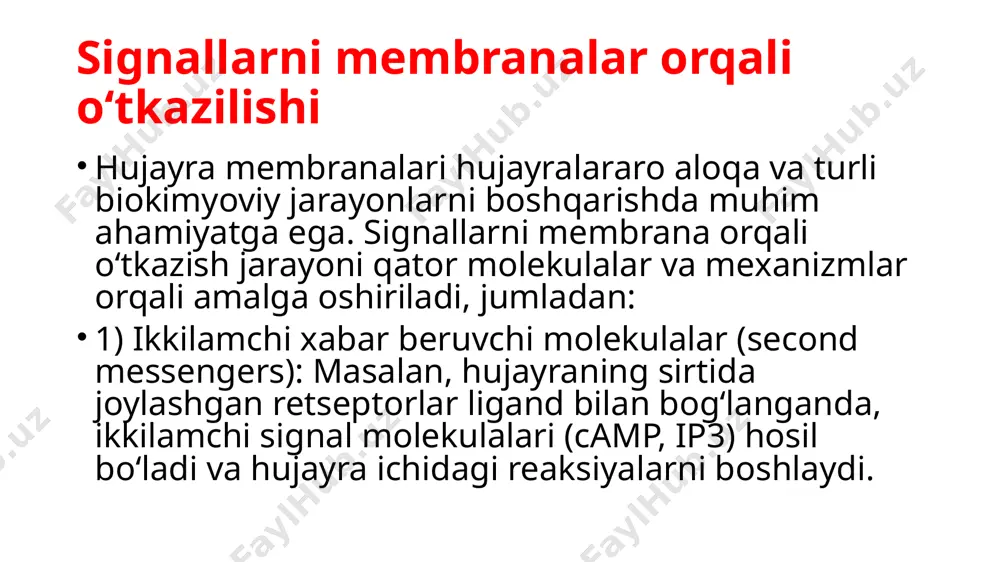 slar o‘z rnk yoki dnk sini hujayra ichiga yuboradi va hujayraning o‘limiga olib kelishi mumkin. 5. insulin rezistentligi: qandli diabetda insulin retseptorlarining funksiyasi buziladi, bu esa glyukozaning hujayraga kirmasligiga olib keladi va kasallik rivojlanishiga sabab bo‘ladi. membranalar orqali signal o‘tkazish jarayoni va bu jarayonlarning buzilishi turli kasalliklar mexanizmlarini tushunishda muhimdir. bunday bilimlar asosida yangi dori vositalari va davolash usullari ishlab chiqiladi. image1.jpeg /docprops/thumbnail.jpeg
