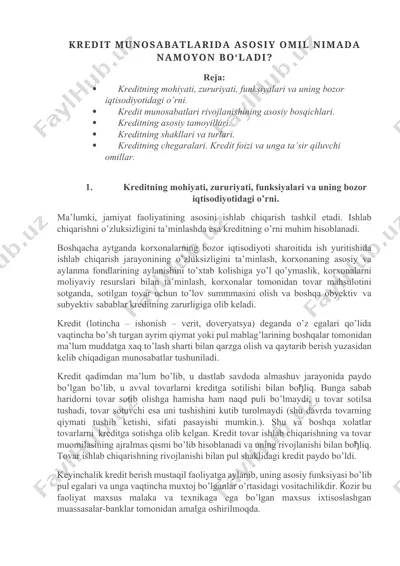 kredit munosabatlarida asosiy omil — DOCX