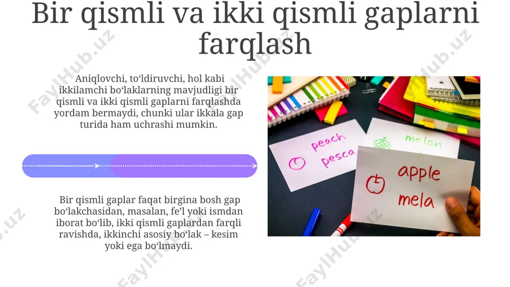 o'ynaydi: aniq, noaniq va umumiy. sodda va murakkab ikki qismli gaplar sodda ikki qismli gaplar fe'l kesimga ega boʻlib, ularning tarkibida 2 ta asosiy boʻlak – ega va kesim mavjud boʻladi va biror qoʻshimcha boʻlaklarsiz boʻlishi mumkin. murakkab ikki qismli gaplar tarkibida ikki yoki undan ortiq sodda gaplarning birikmasidan iborat boʻlib, ular bogʻlovchi yordamida yoki bogʻlovchisiz bogʻlanishi mumkin, masalan, 3 ta sodda gapdan tashkil topishi mumkin. gap tuzilishi va sintaktik tahlil ikki qismli gaplarda ikkita asosiy bo'lak – kesim va ega bo'ladi, ularning o'zaro munosabatlari grammatik jihatdan 1-darajali bog'lanishni ifodalaydi. sintaktik tahlil jarayonida gap tuzilishini aniqlash, gap bo'laklarini ajratish va ular orasidagi munosabatlarni o'rganish 3 bosqichda amalga oshiriladi. e'tiboringiz uchun rahmat @taqdimot_robot image4.jpg image5.jpg image6.jpg image7.jpg image8.jpg image9.jpg image10.jpg image11.jpg image12.jpg image13.jpg image14.jpg image15.jpg image16.jpg image17.jpg image18.jpg image19.jpg image20.jpg image1.jpeg image2.jpeg image3.jpeg