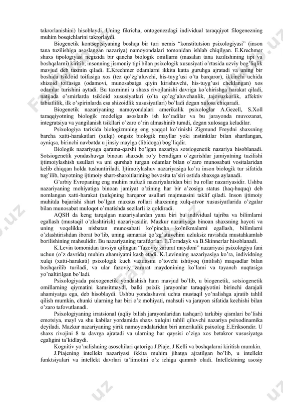 llashib boradi. ta’kidlab o’tilgan, fikrlarni tasdiqlash maqsadida ular o’tkazgan tajribalariga murojaat qilamiz. qo’sh omillik nazariyasi tadqiqotchilari tajribalarida 80-130 sm balandlikdagi odamning shaxs xususiyatlarini tarkib toptirish uchun o’rganilgan. buning natijasida ular shaxsi tuzilishida ko’p xislatlari o’xshashligi topilgan. bunday odamlarning past (pakana) bo’lishlaridan tashqari, ularning tuzilishida hech qanday nuqson va kamchilik yo’q ekanligi aniqlangan. bunday toifaga kiruvchi bolalarga xos kulguni hech bir tanqidsiz, o’ta soddalikni, muayyan darajada emotsional (hissiy) zo’riqishni namoyon qiladigan vaziyatga nisbatan chidamlilikni, uyat hissining kamroq ekanligini uchratish mumkin. shaxsning xislatlariga na “endopsixika”, na “ekzopsixika” qismlarini kiritish mumkin emas. chhunki shaxsning sifatlari mitti odamlarning mahsuli bo’lib ular bo’yicha nisbatan o’z tengqurlari o’rtasidagi farq aniqlangan davrdan e’tiboran shunday bir ijtimoiy vaziyatda paydo bo’lishi, tarkib topishining takomillashishi tabiiydir. shuni alohida ta’kidlab o’tish joizki, mitti odamlarga bo’ydor kishilarga qaraganda boshqacha munosabat - ularni pisand qilmaslik, kamsitilish, ular ham barcha kabi narsalarni his qilishi, orzu qilishi, ajablanishi, hayron qolishi sababli ularda shaxsning o’ziga xos …
