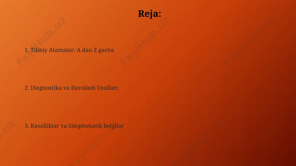ing umumiy fiziologik holatini yaxshilaydi; ba'zi tadqiqotlar 5-10% gacha yaxshilanishni ko'rsatadi. meditatsiyaning turli usullari, masalan, transandantal meditatsiya yoki mindfulness meditatsiyasi mavjud bo'lib, ularning har biri turli xil texnikalar va maqsadlarga ega. har bir usul o'ziga xos afzalliklarga ega. meditatsiya 10-20 daqiqa davom etadigan, stressni kamaytirish va ruhiy xotirjamlikni ta'minlashga qaratilgan, diqqatni jamlash amaliyotidir, shuningdek, psixologik salomatlikni yaxshilashda foydali hisoblanadi. laboratoriya laboratoriya nazorati va sifat nazorati 24/7 rejimida amalga oshiriladi, natijalar iso 15189 standartiga muvofiq bo'lishi kerak va har bir tekshiruv natijasi kamida ikki marta tekshiriladi. laboratoriya xodimlari, 3-5 yillik tajribaga ega bo'lgan malakali shifokorlar va laborantlar, standart operatsion protseduralar (sop) ga rioya qilib, yuqori aniqlikdagi natijalarni ta'minlashlari kerak. laboratoriya tibbiyot muassasalarida diagnostika testlarini o'tkazish uchun zarur bo'lgan 20 dan ortiq turdagi jihozlar bilan jihozlangan bo'lishi kerak, jumladan, biokimyoviy analizatorlar, gematologik analizatorlar va mikroskoplar. kasallik kasallik atamasi tibbiyotda 1000 dan ortiq turdagi kasalliklarni tavsiflash uchun ishlatiladi va har bir kasallikning o'ziga …