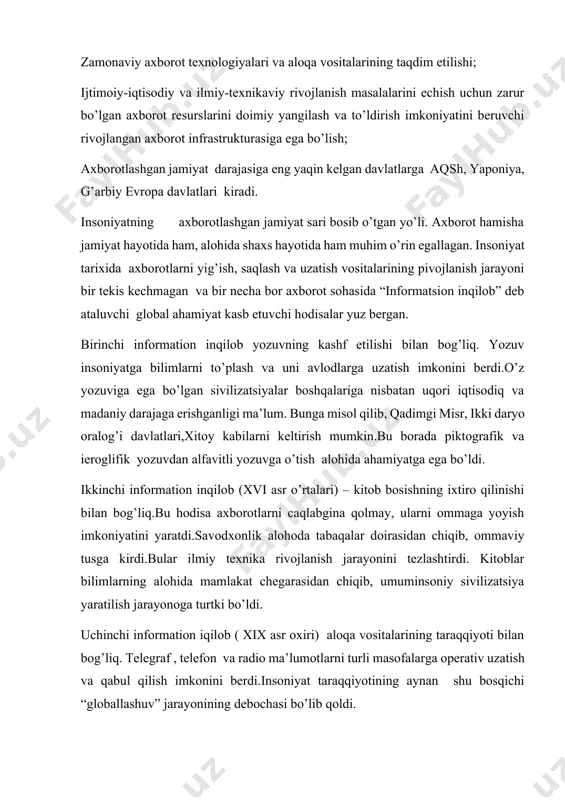 ing gurkirab rivojlanishiga olib keldi. to’rtinchi information inqilob ( xx asrning 70–yillari) mikroprotsessorli texnika va xususan, personalkompyuterlarning paydo bo’lishi bilan bog’liq.shuni ta’kidlab o’tish lozimki, axborot revolyutsiyasiga хх asr o’rtalarida kompyuterlarning paydo bo’lishi emas, mikroprotsessorli tizimlarning keng tarqalishi sabab bo’ldi. ushbu jarayon axborotlarni saqlash va izlash tizimlarini radikal o’zgartirib, kompyuterli telekommunukatsiyalarning paydo bo’lishi va rivojlanishiga olib keldi. aynan to’rtinchi information inqilob “axborotlashgan jamiyat” rivogiga asos soldi. axborot katta oqimlarining vujudga kelishi vujudga kelishiga: bilimlarning turli sohalari bo’yicha davriy nashrlarning ko’payib borishi; masalan, хх asr boshlarida ilmiy xodim uchun fizika sohasida chop etiladigan 10 tagacha oylik jurnal bilan tanishib borish etarli hisoblangan bo’lsa, asr oxiriga kelib, bu ro’rsatkich 100 ga etdi. ilmiy va amaliy faoliyat natijalari e’lon qilinadigan kitob, xujjatlar, hisobotlar, dissertatsiyalar va boshqalar miqdorining katta tezlik bilan ko’payib borishi. sabab bo’ldi.yuqorida ta’kidlab o’tilgan xx asr o’rtalaridagi ushbu holatni “informatsion portlash” deb ham atashadi. mutaxassislar fikriga ko’ra, 1900 –yilgasha bilimlarning to’planishi va …