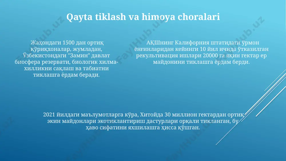 зарарли чиқиндилар миқдори 15% га камайган, бу эса аҳоли саломатлигини яхшилашнинг муҳим омили ҳисобланади. ўзбекистонда 2017 йилдан бошлаб 5 та стратегик йўналиш бўйича давлат дастурлари қабул қилиниб, табиатни муҳофаза қилиш ва экологик хавфсизликка 10% дан ортиқ маблағ йўналтирилган. ферғона водийсидаги сув ресурсларини бошқариш бўйича 2020 йилда қабул қилинган қонунлар натижасида, сув тежовчи технологиялардан фойдаланиш 30% га ошган, бу эса чўл ҳудудларидаги экин майдонларини сақлаб қолишга ёрдам берган. yer yuzidagi hayotning yo'q qilinishi amazon o'rmonlarining kesilishi natijasida har yili minglab turdagi o'simlik va hayvonlar yo'q bo'lib ketmoqda, bu esa 10 million gektardan ortiq o'rmon maydonining yo'qolishiga va global iqlim o'zgarishlariga olib kelmoqda. 2004-yildagi hind okeanidagi sunami 230 mingdan ortiq odamning hayotini olib ketdi va butun qirg'oq bo'ylab ekologik tizimlarga jiddiy zarar yetkazdi, indoneziya, shrilonka va tailand kabi mamlakatlarda keng ko'lamli vayronagarchiliklarga sabab bo'ldi. 2004-yildagi hind okeanidagi sunami 230 mingdan ortiq odamning hayotini olib ketdi va butun qirg'oq bo'ylab ekologik tizimlarga jiddiy …